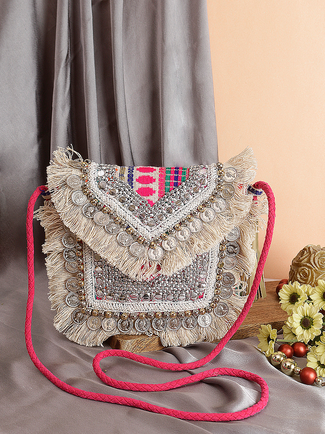 SWISNI BLACK VELVET PEACOCK POTLI BAG