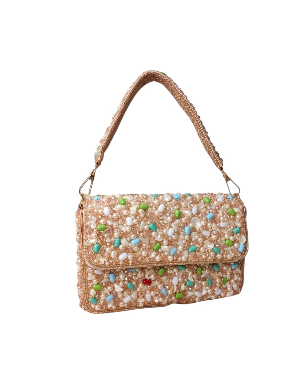 Peach Beaded Flap Bag