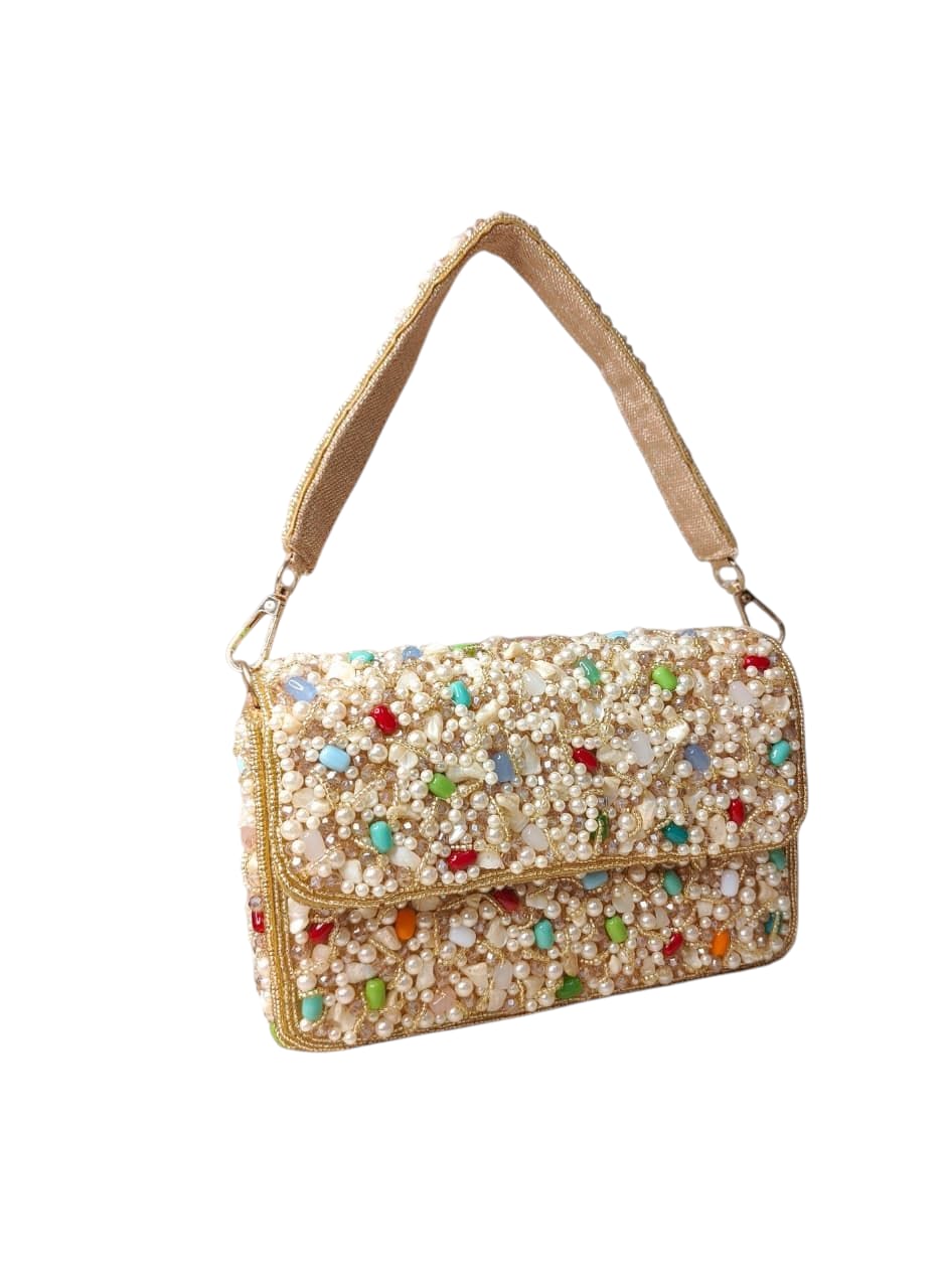 Golden Beaded Flap Bag