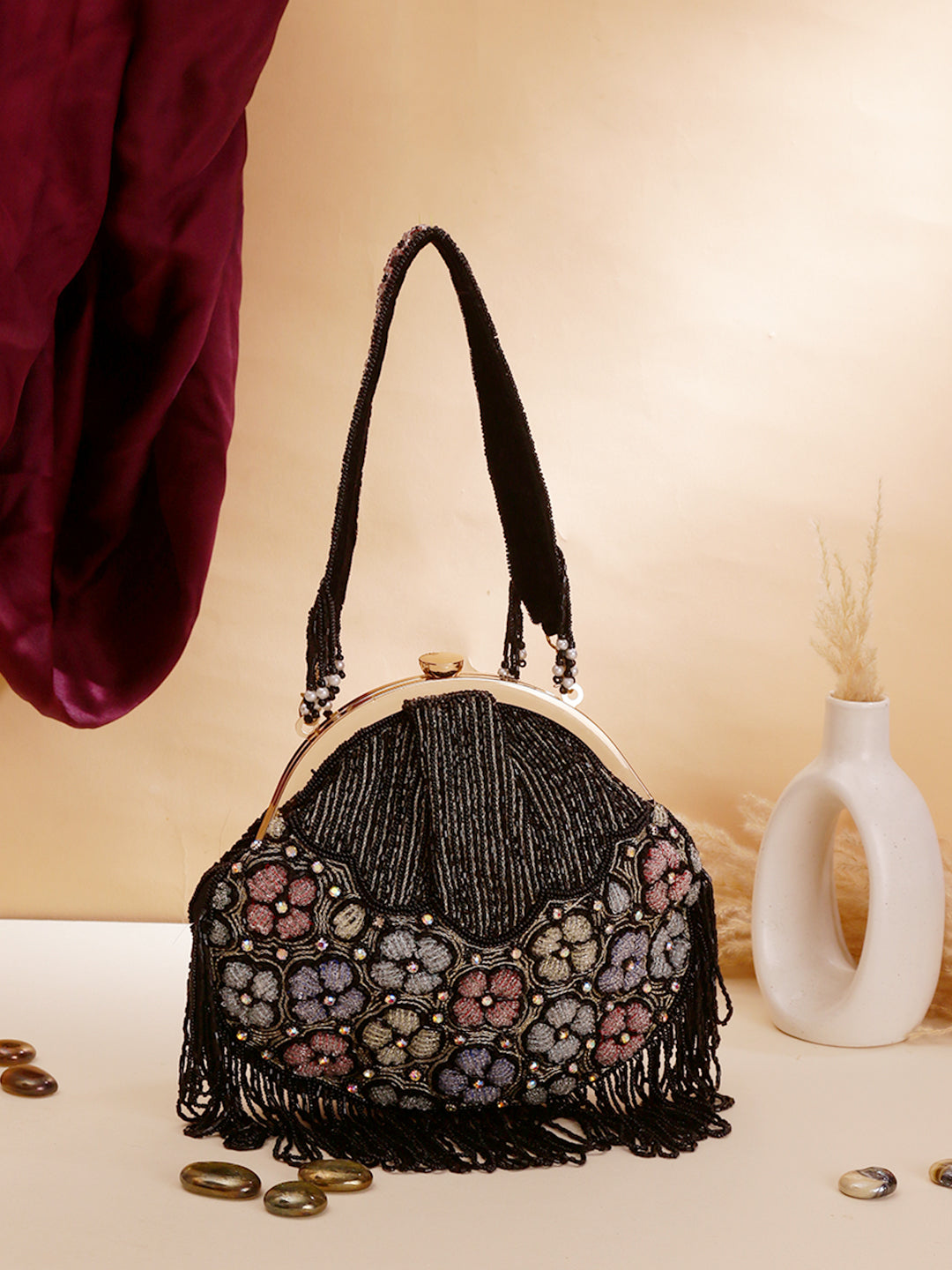 Swisni black multi beaded batua bag