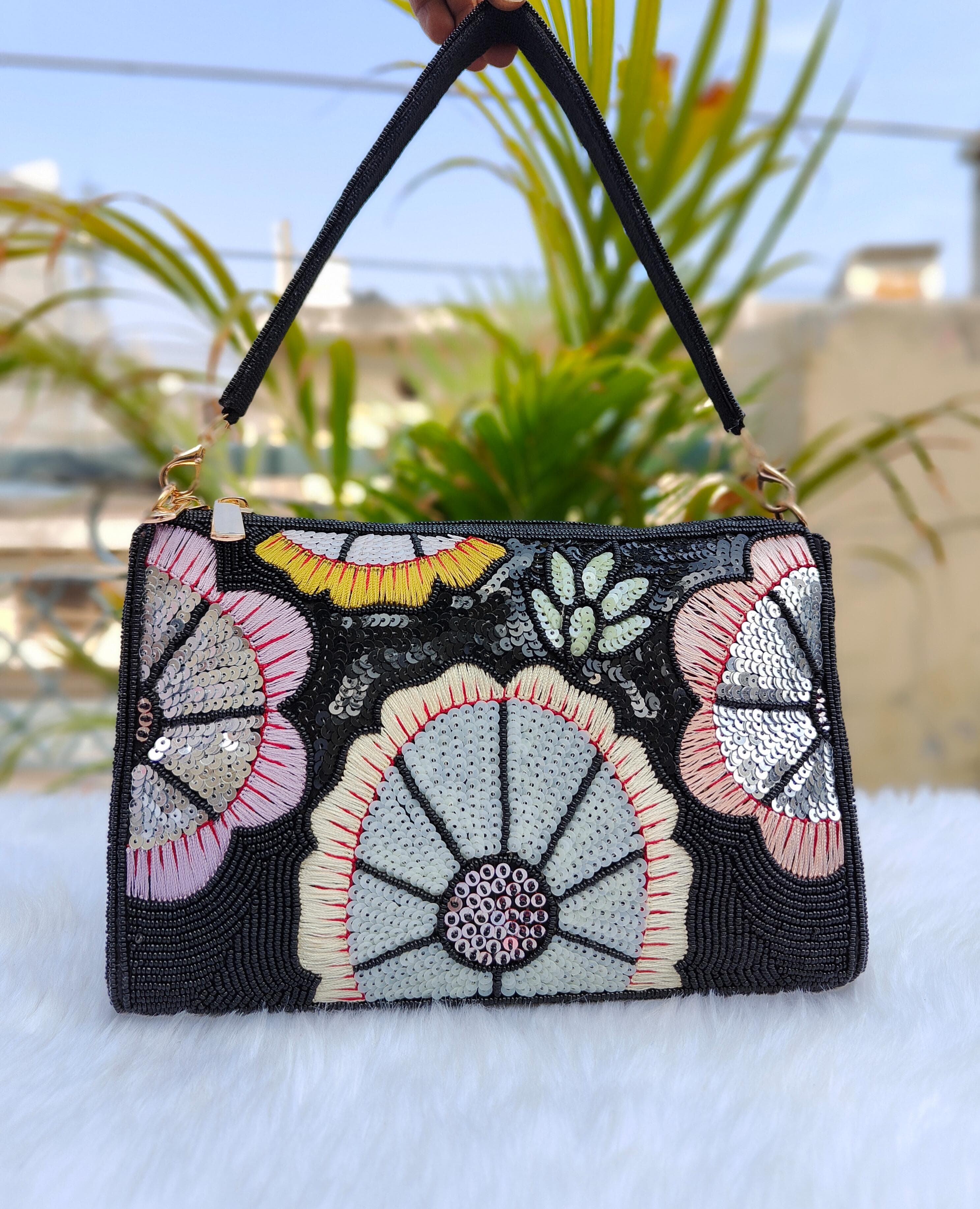 Black Embroidered Clutch Bag