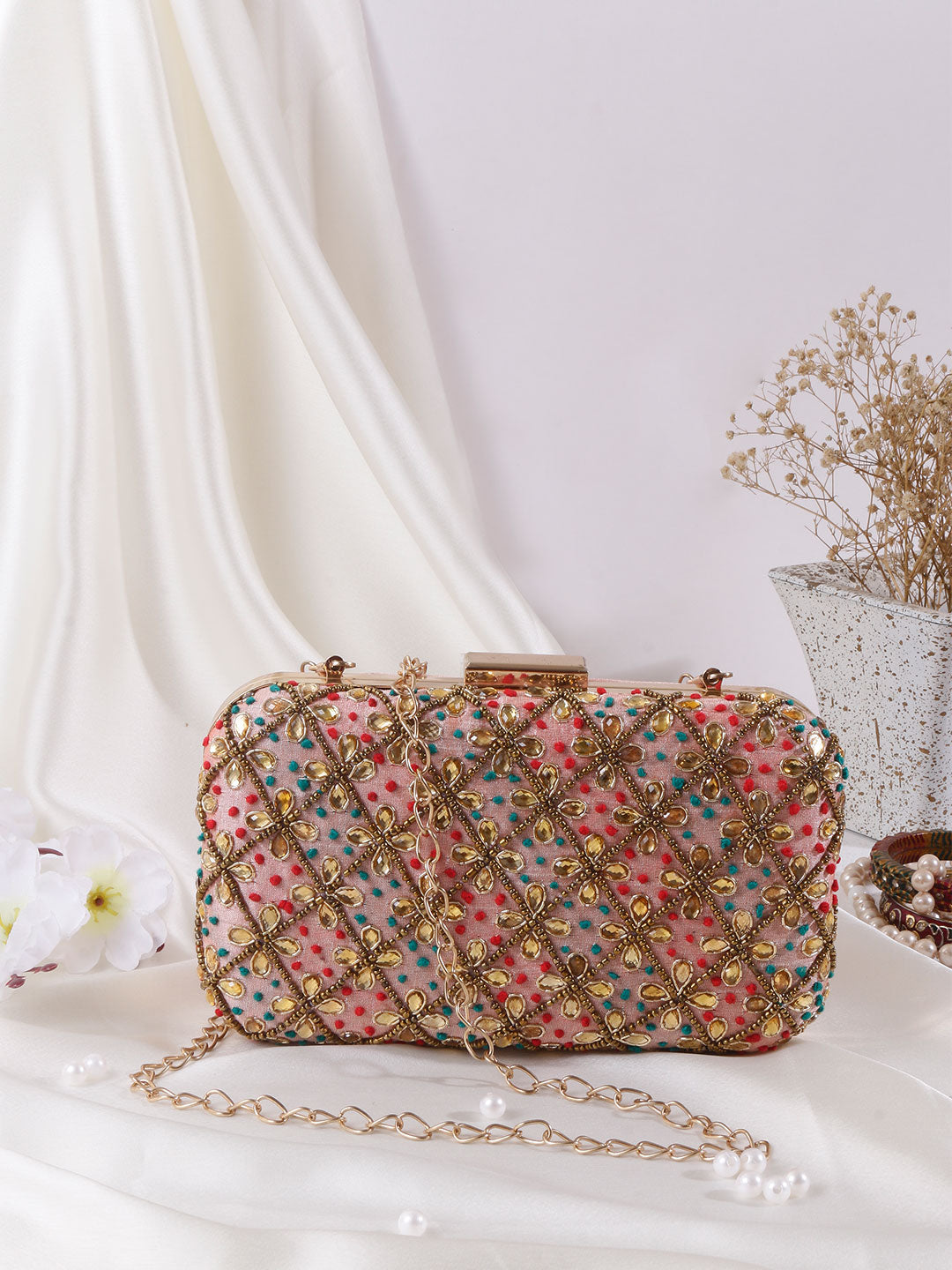 Embroidery Peach Clutch Bag For Women & Girls
