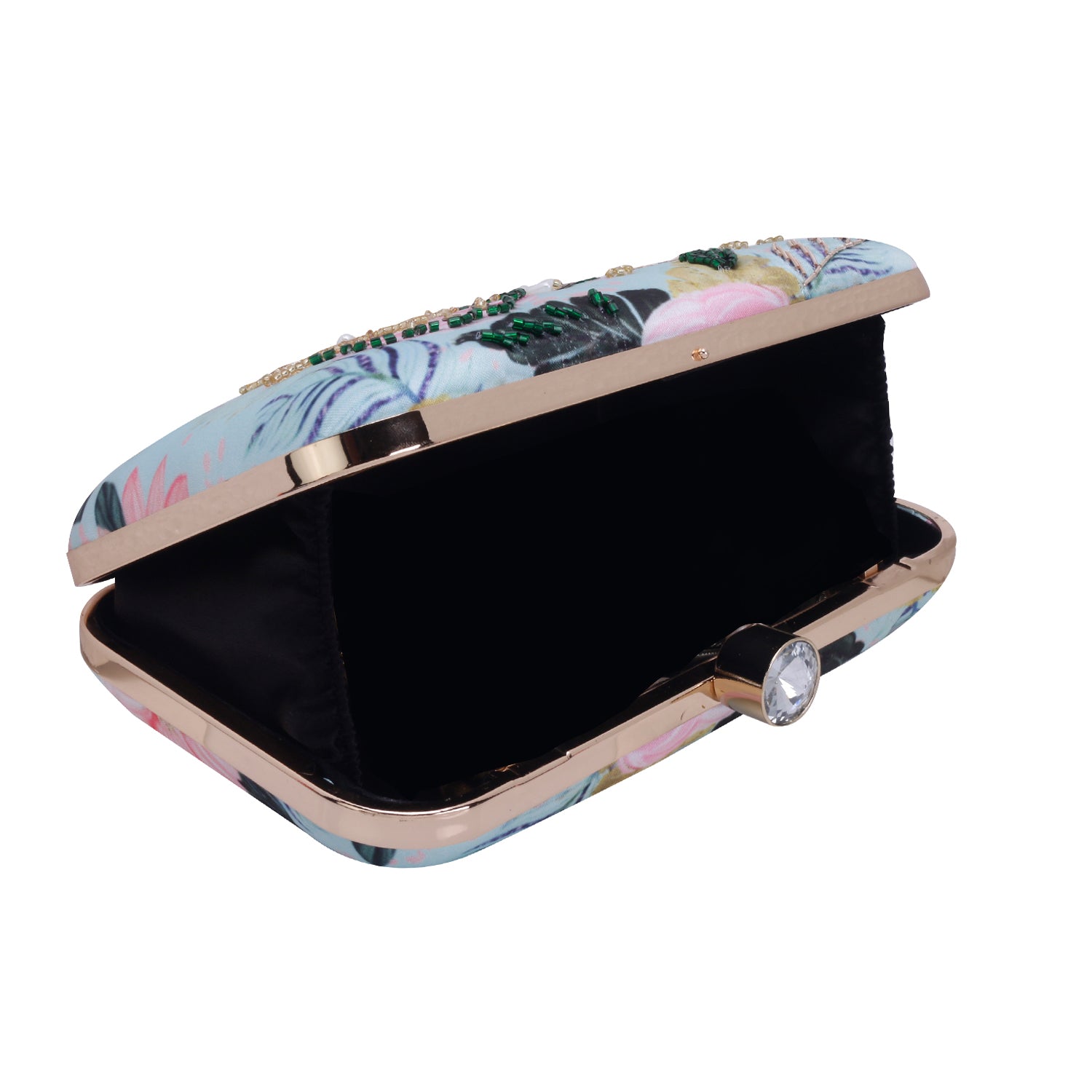 printed embroidery green clutch