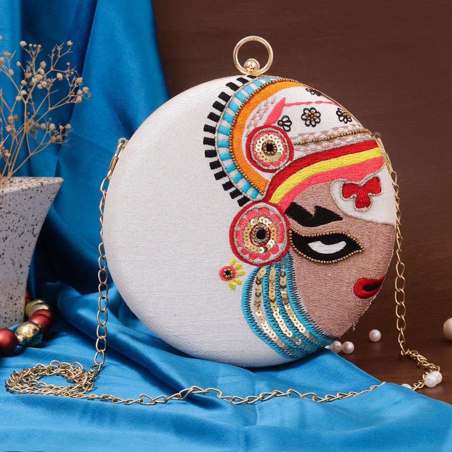 Kathakali Ethnic Embroidery Round White Clutch Bag For Women & Girls