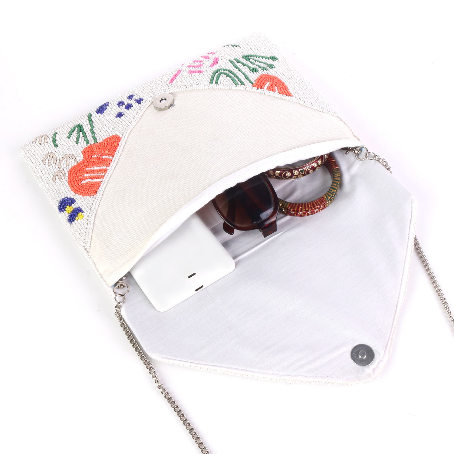 Handmade White And Orange Flower Beaded Boho Bag