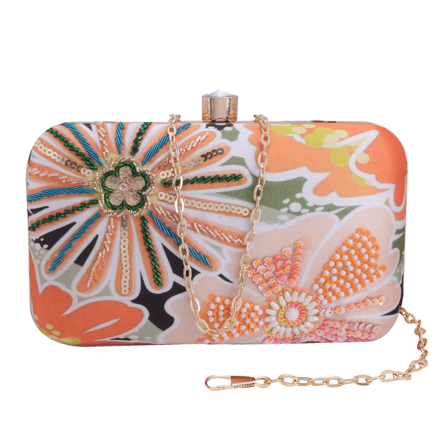 orange floral printed embridered clutch
