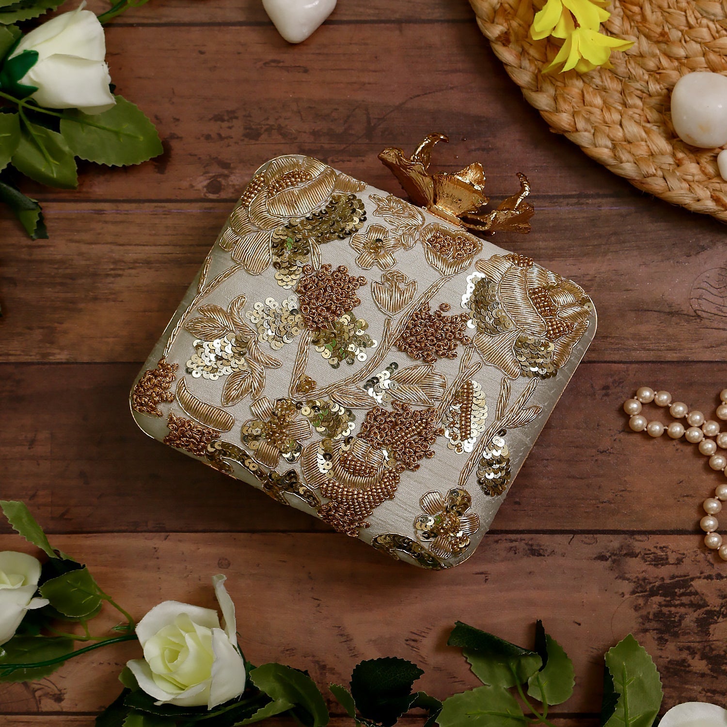 beige floral embroidered square clutch