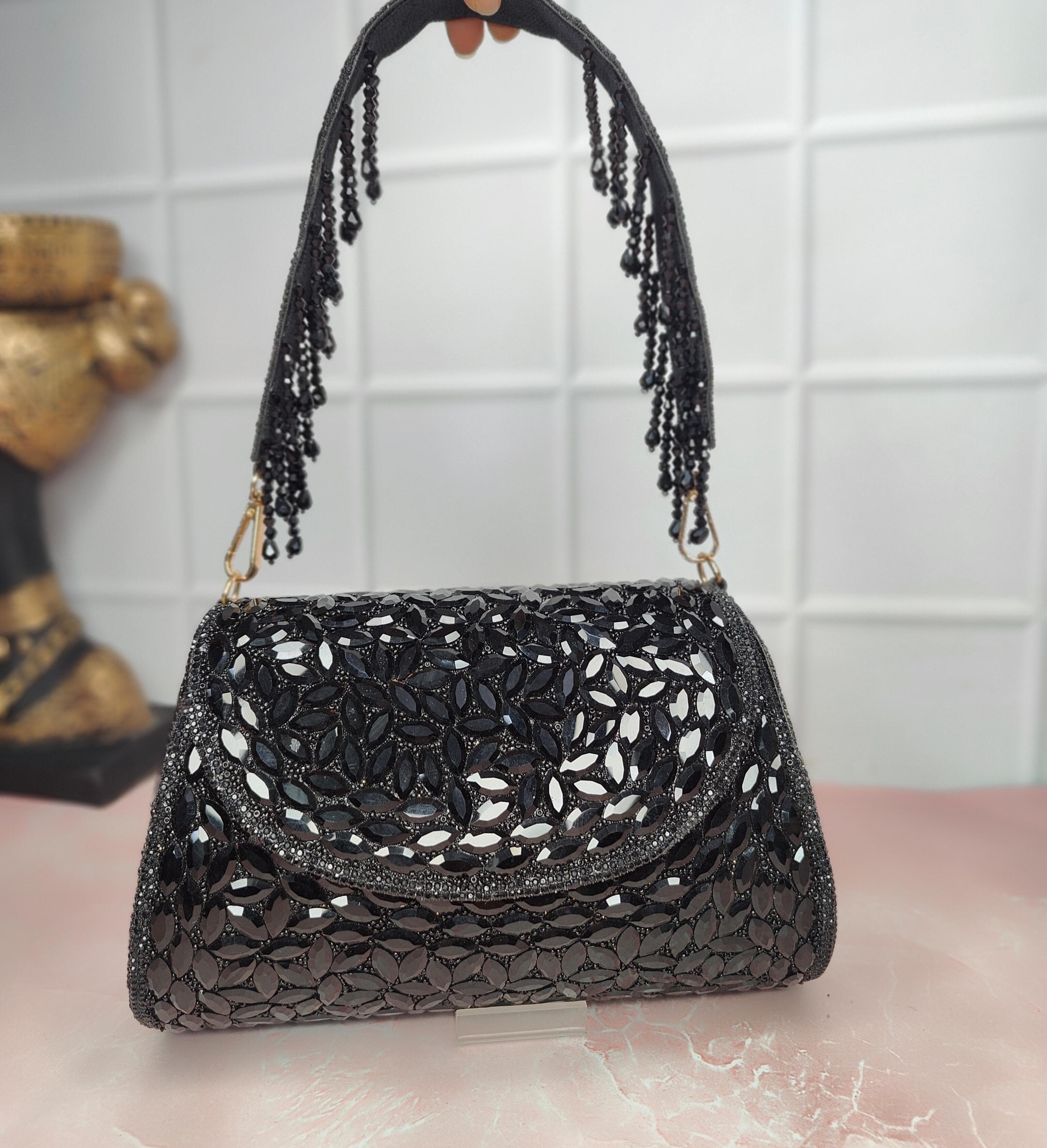 Black Crystal Flap Bag