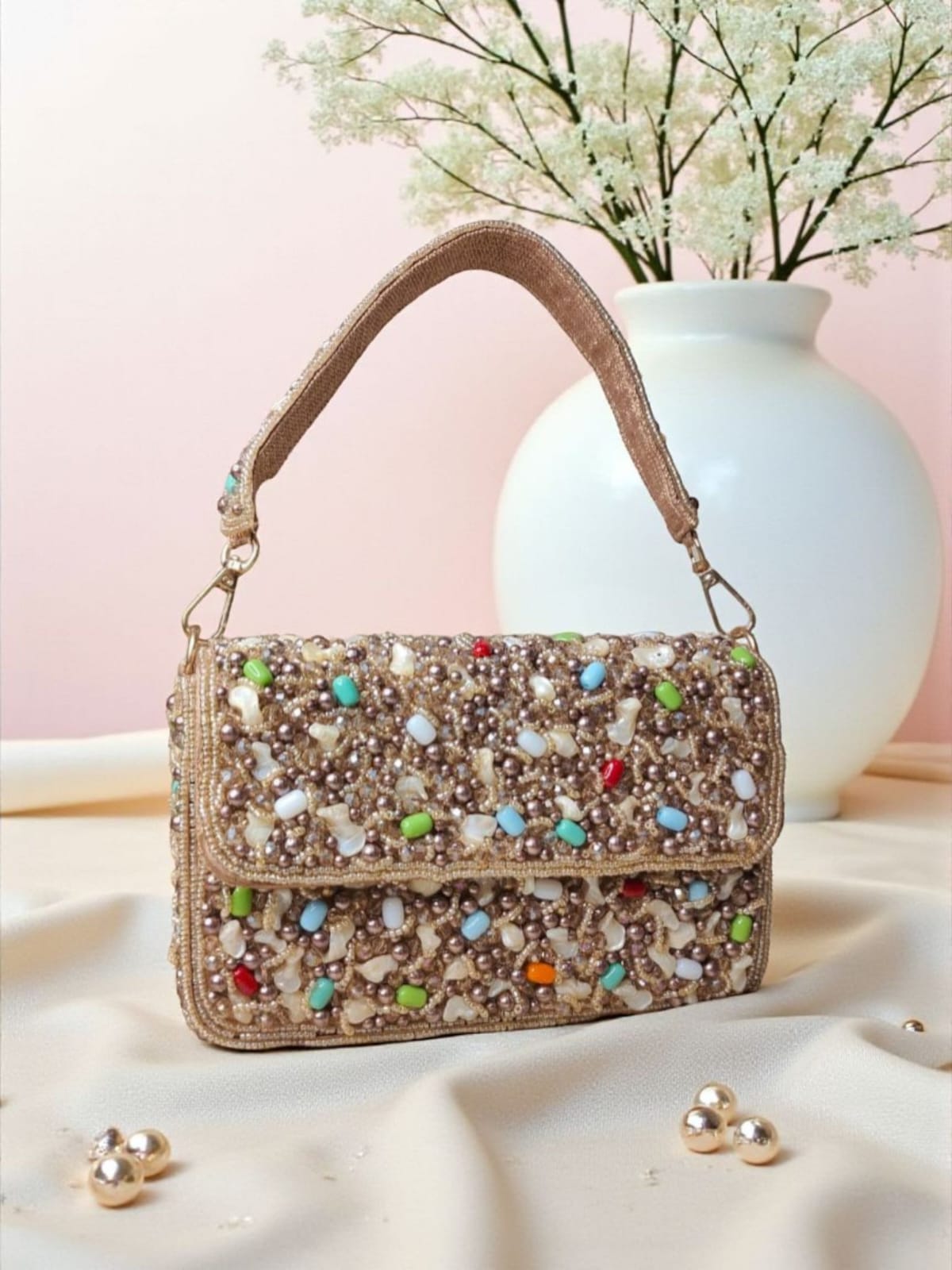 Dark Golden Beaded Flap Bag