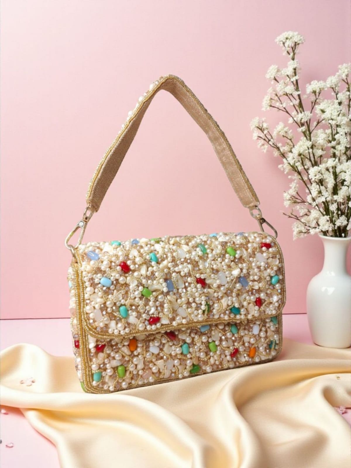 Golden Beaded Flap Bag