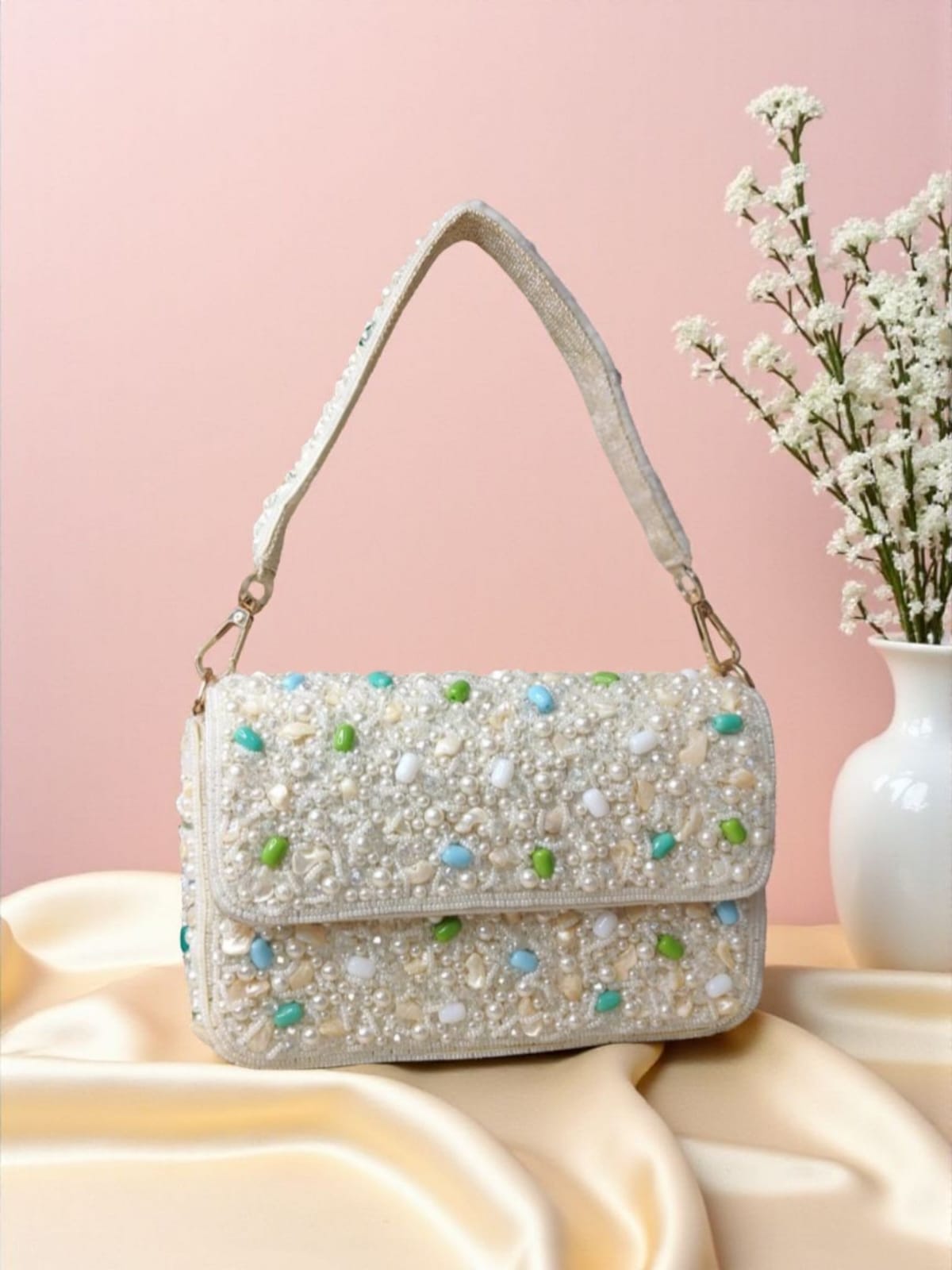 White Beaded Flap Bag