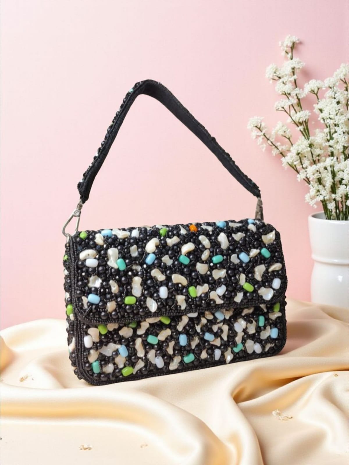 Black Beaded Flap Bag