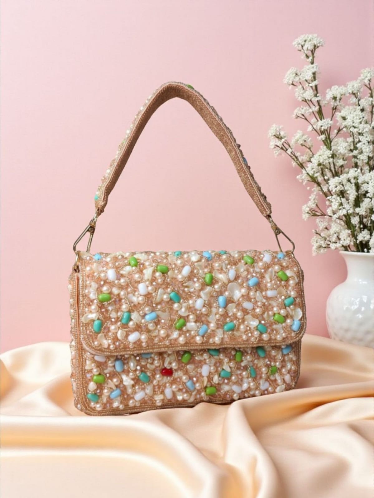 Peach Beaded Flap Bag