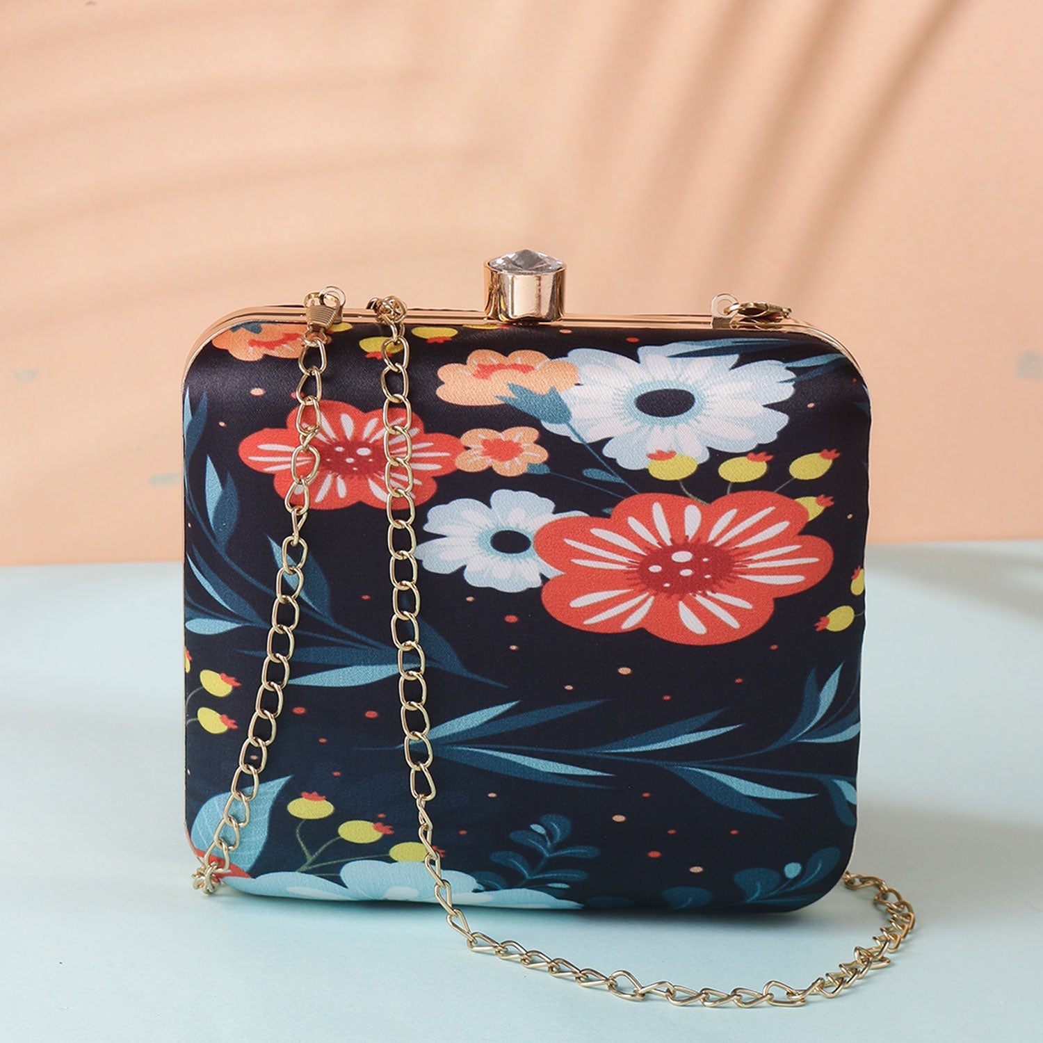 Daisy Satin Flowery Digital Print Square Box Clutch for Women & Girls
