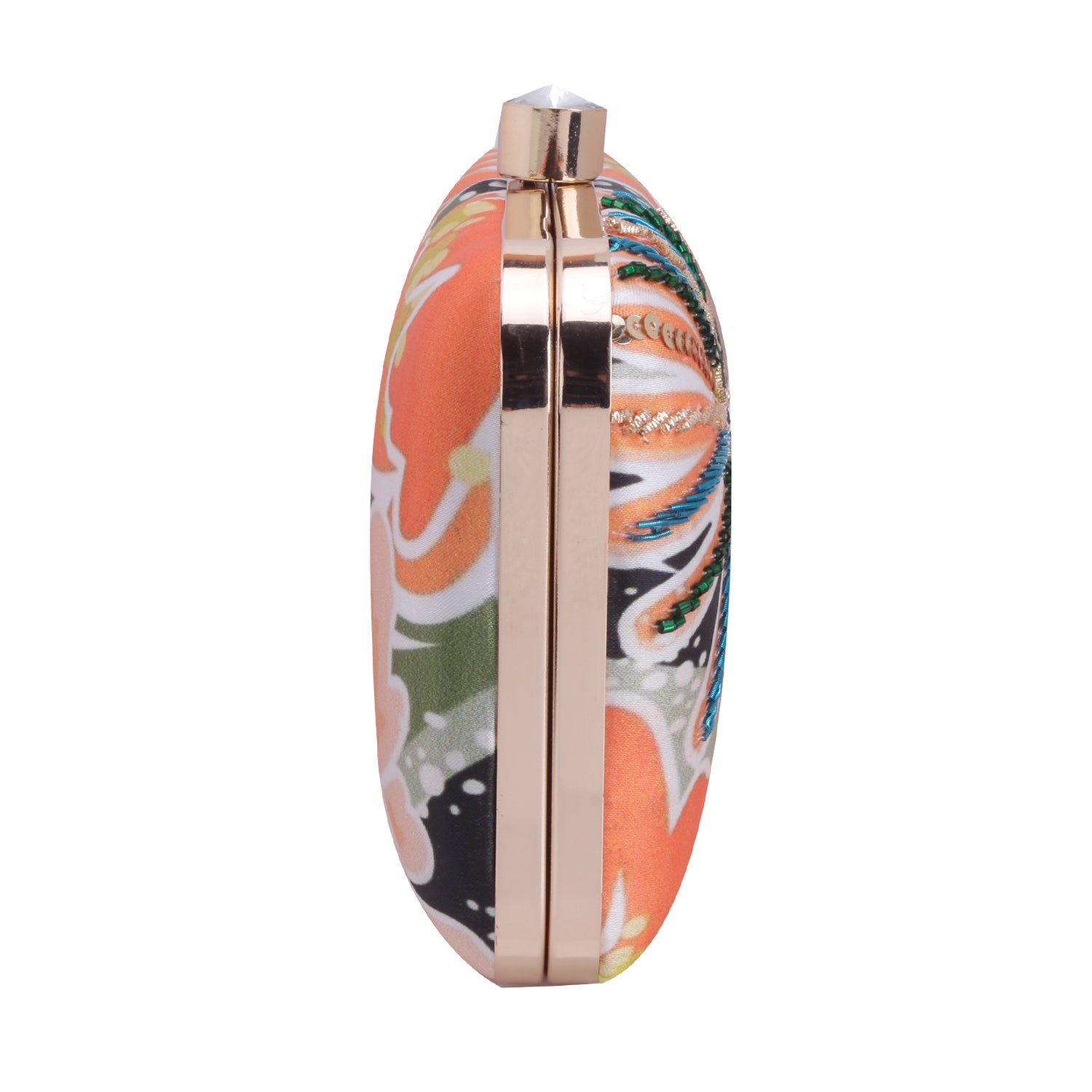 orange floral printed embridered clutch