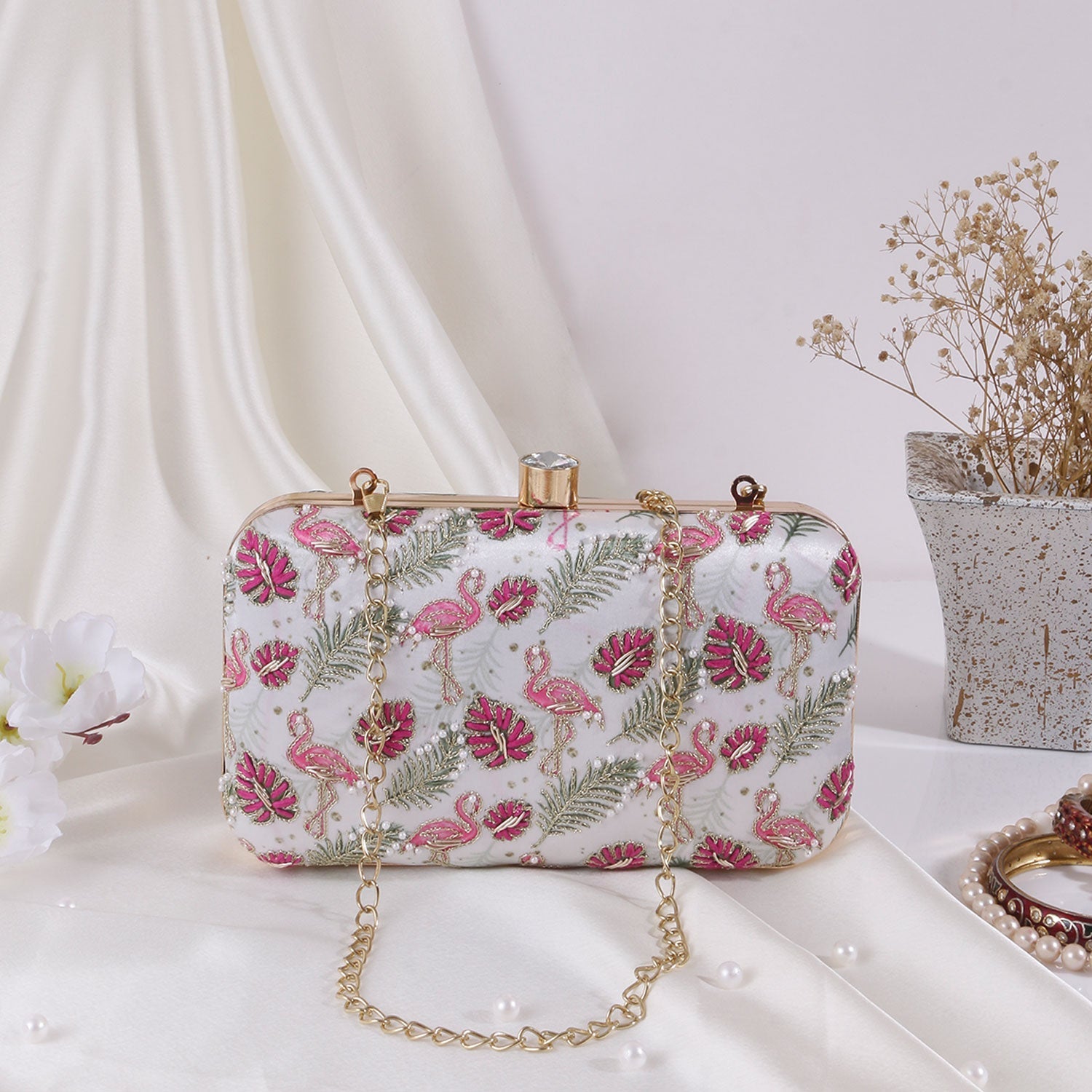 Swan Design Printed Embroidery Clutch Bag For Women & Girls