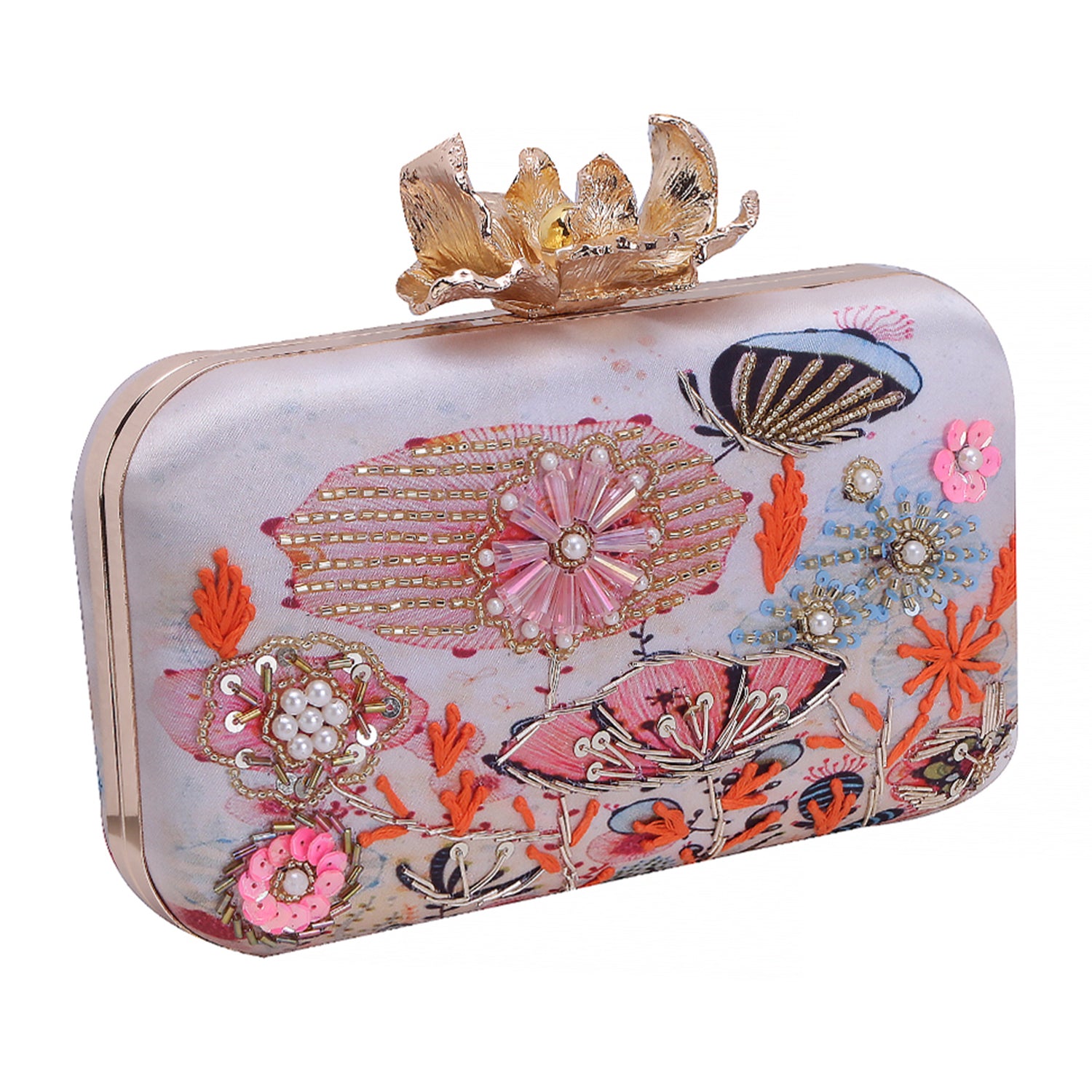 handmade printed embroidered clutch