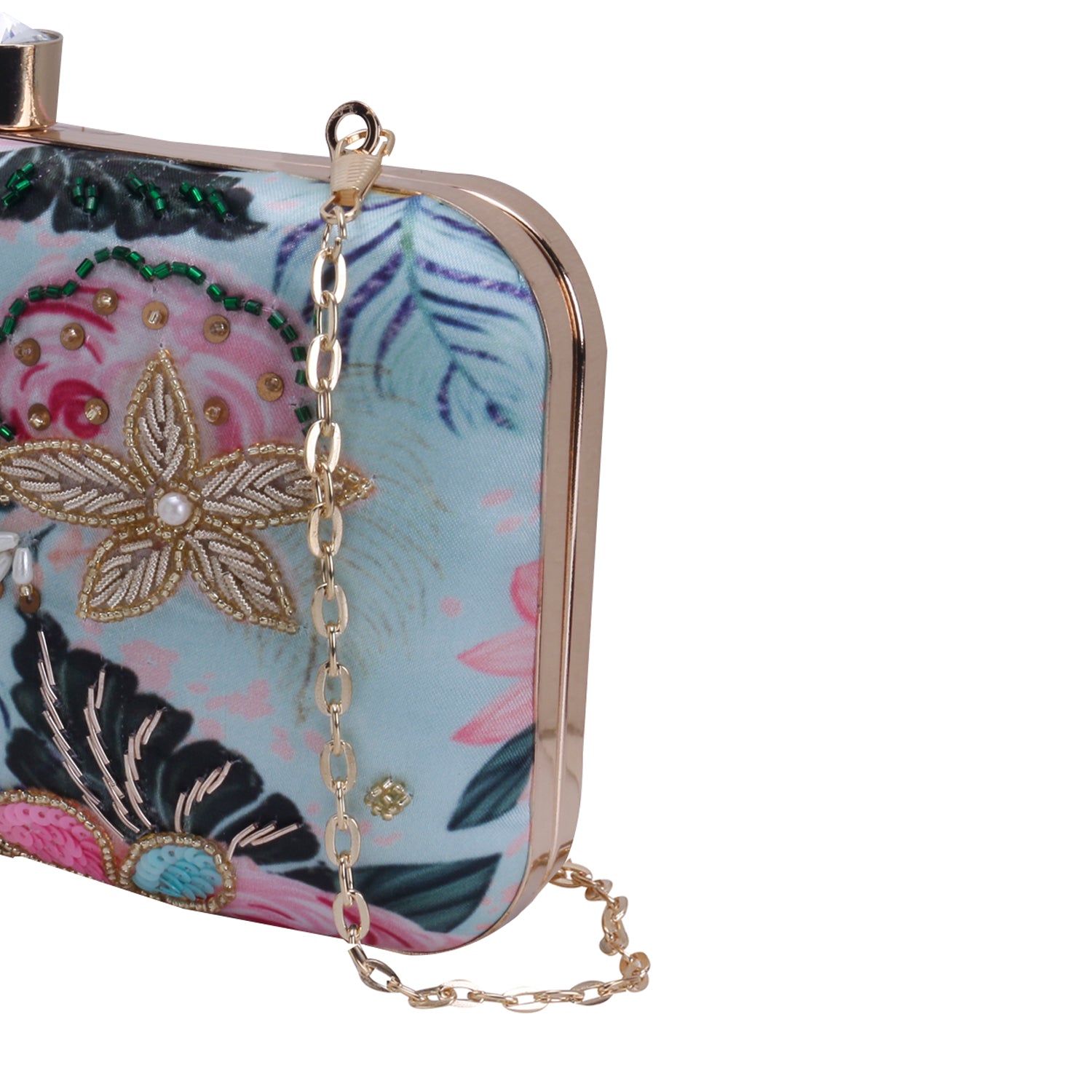 printed embroidery green clutch