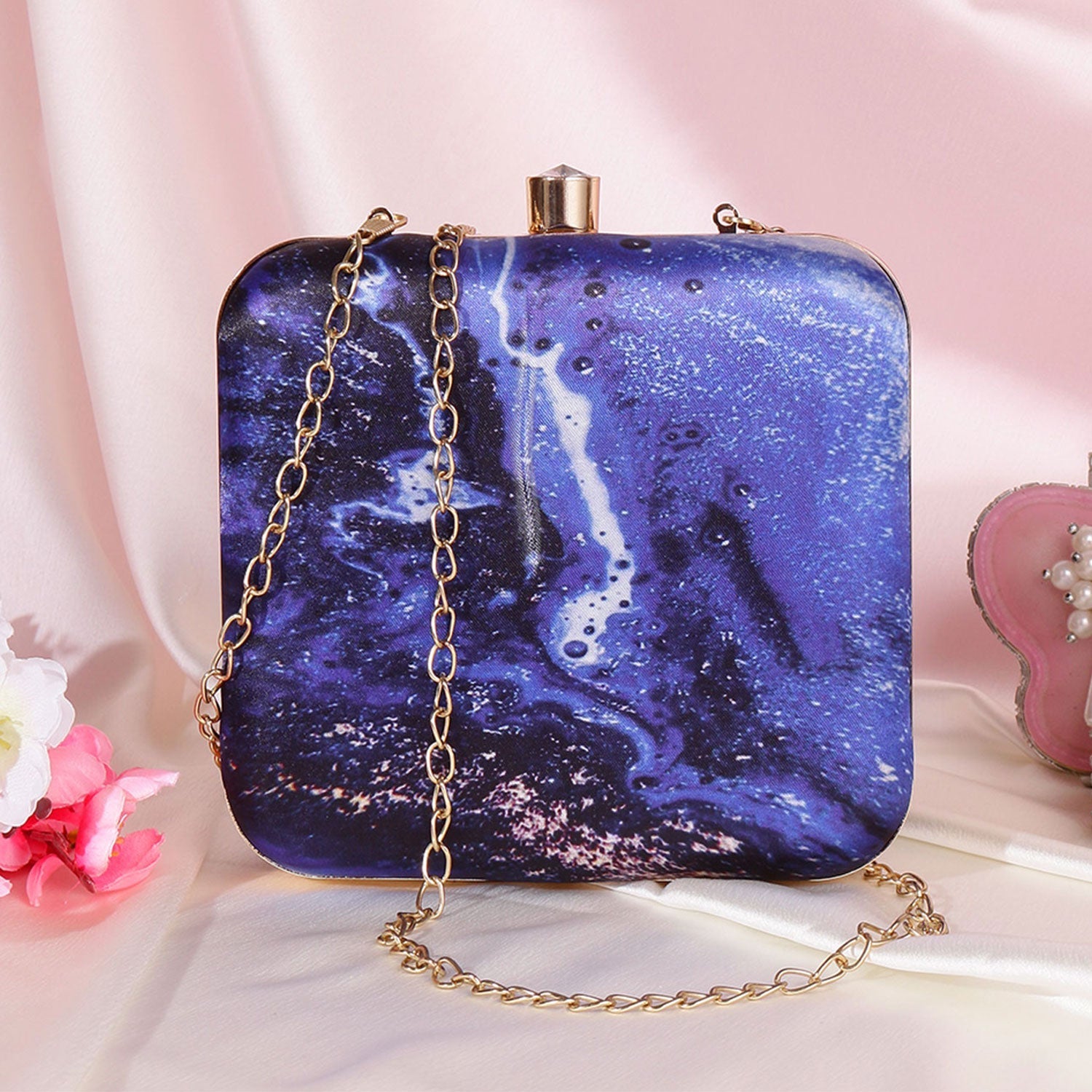 Acrylic Abstract Blue Square Box Clutch for Women & Girls