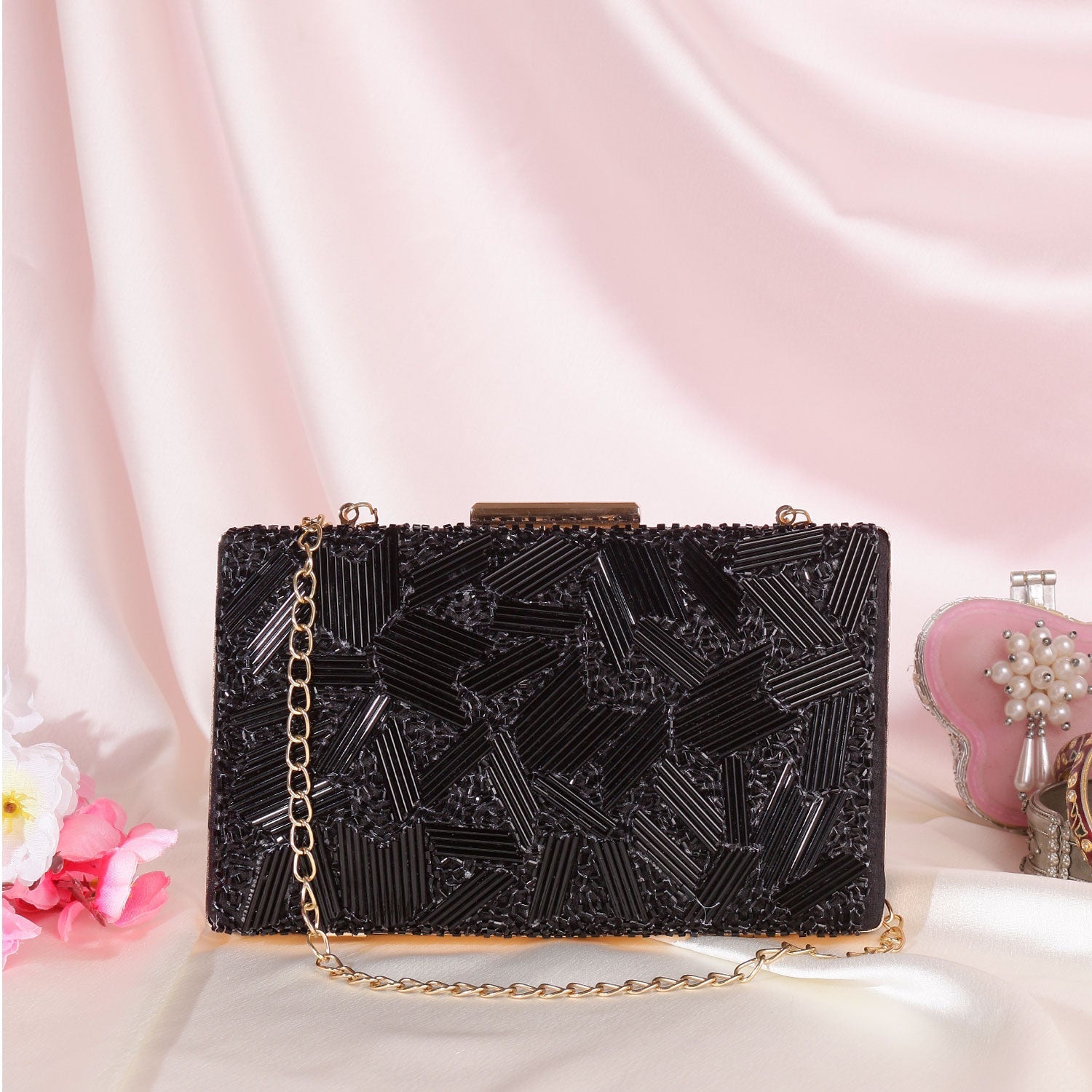 Black Cutdana Work Rectunglar Clutch Bag For Women And Girl