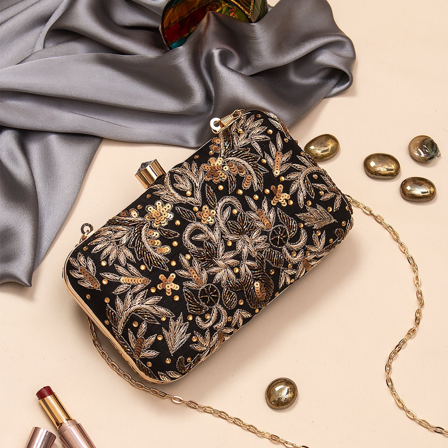 black embroidered clutch