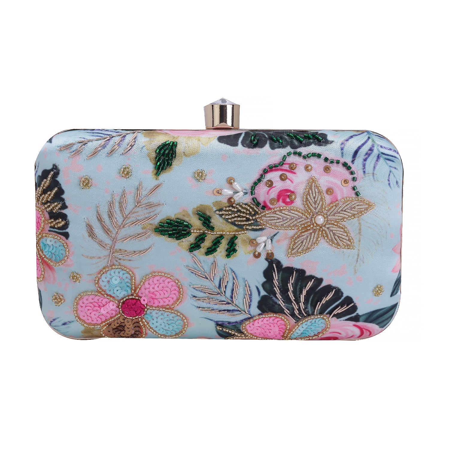 printed embroidery green clutch