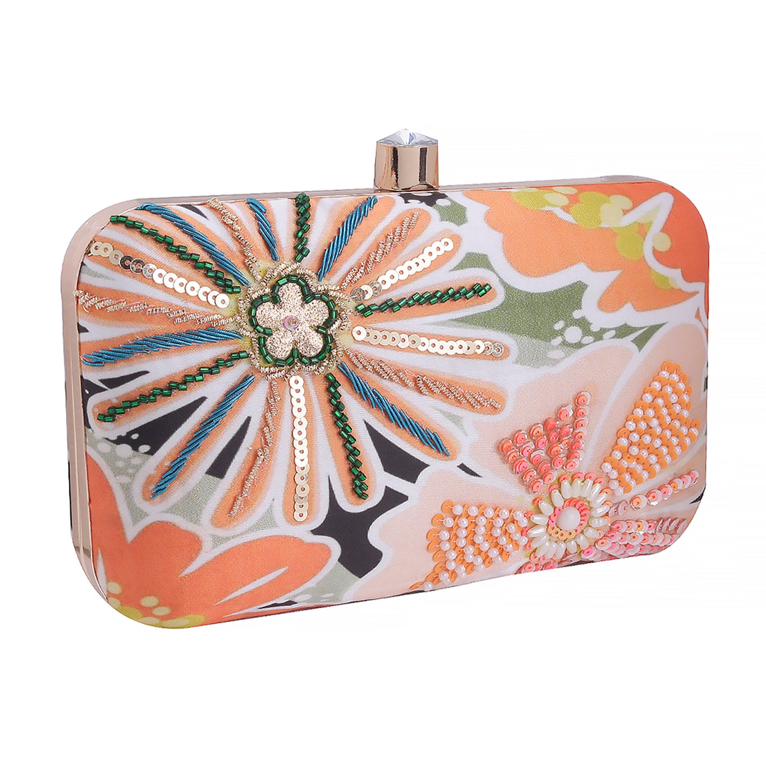 orange floral printed embridered clutch
