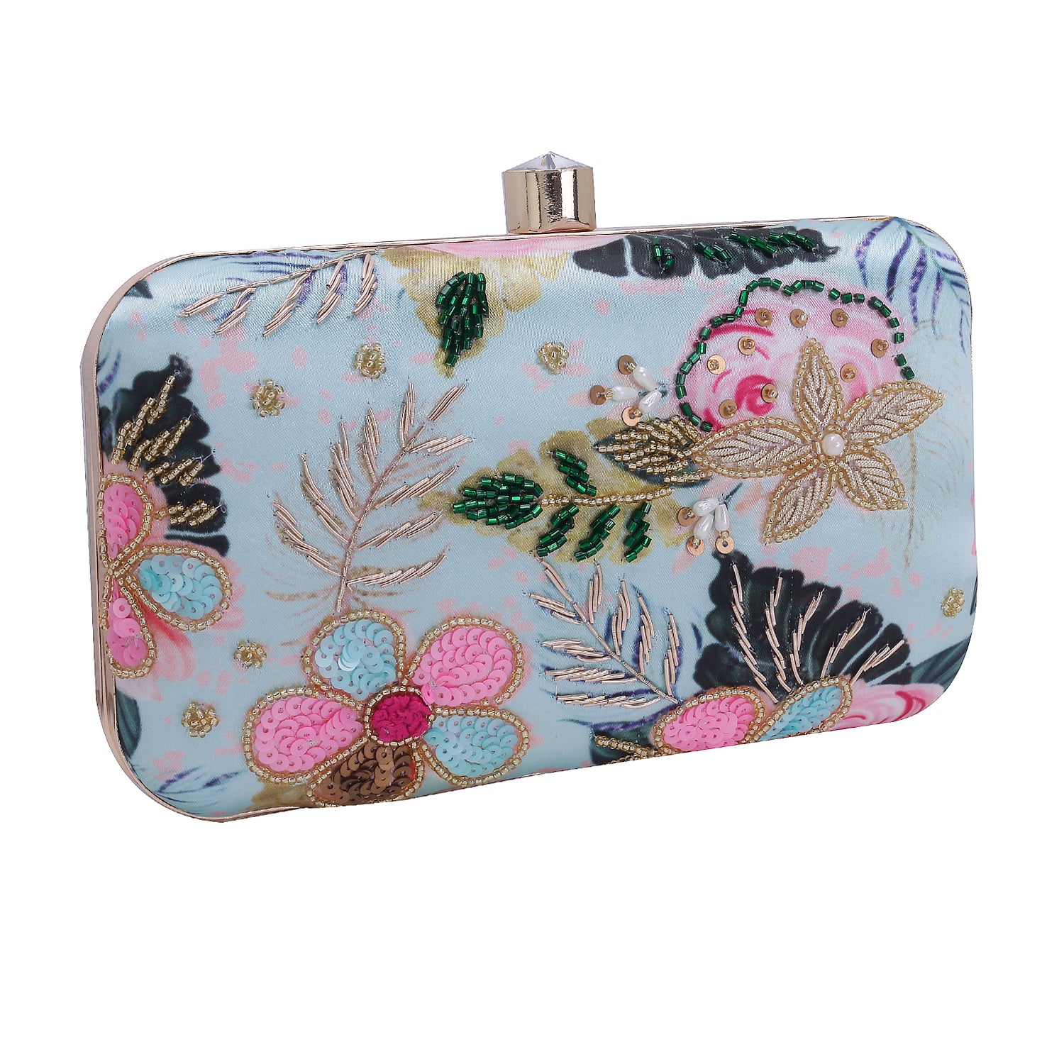 printed embroidery green clutch