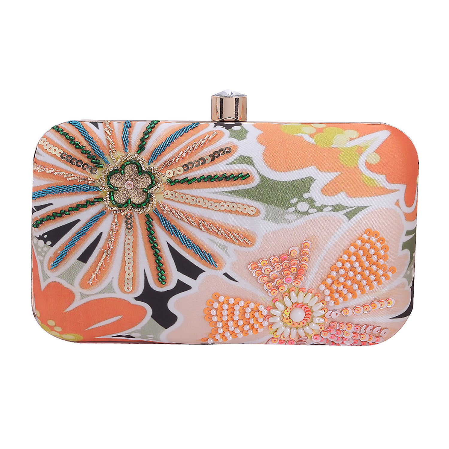 orange floral printed embridered clutch