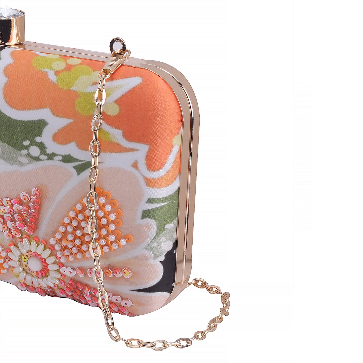 orange floral printed embridered clutch