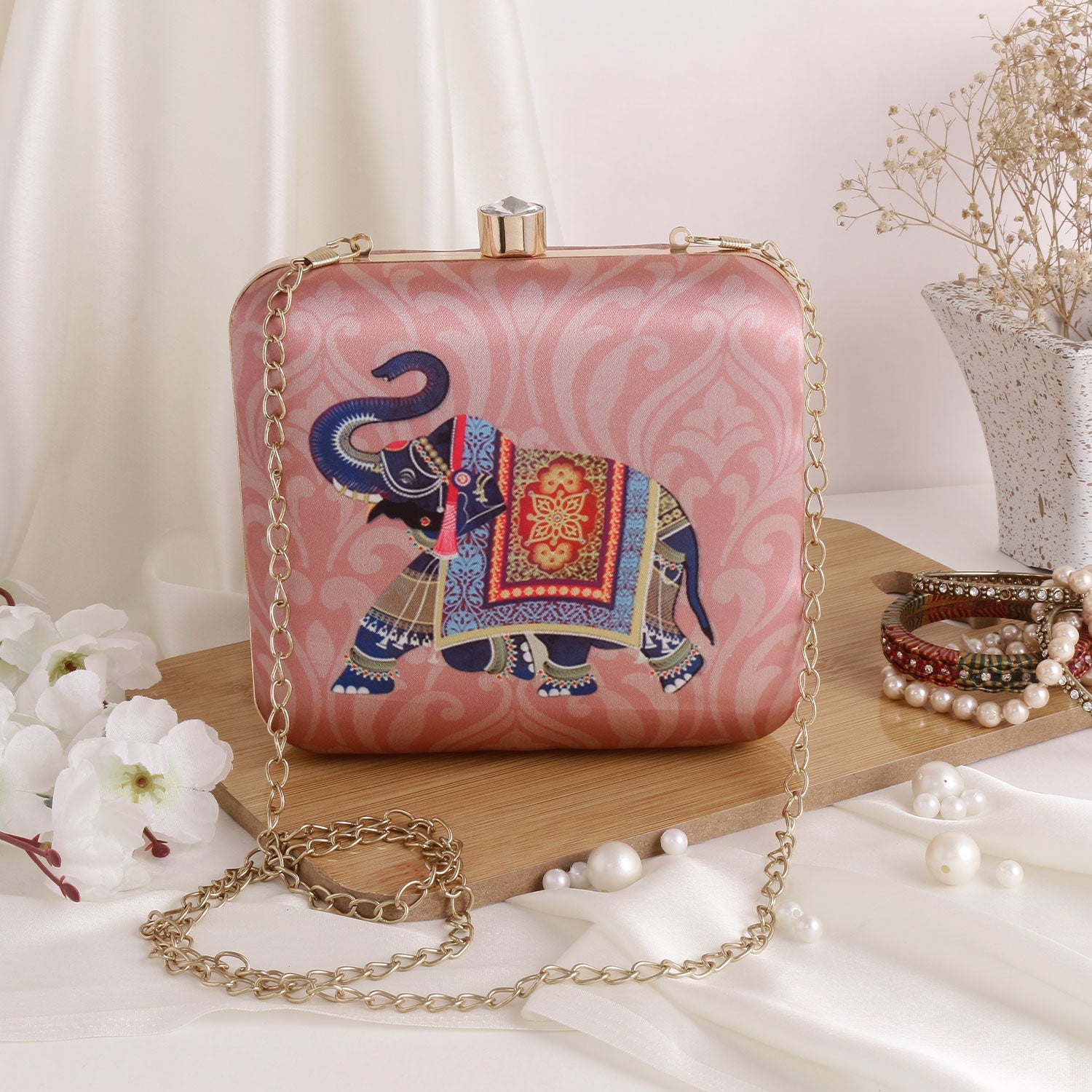 Casual Elephant Brown Printed Clutch Bag For Women & Girls