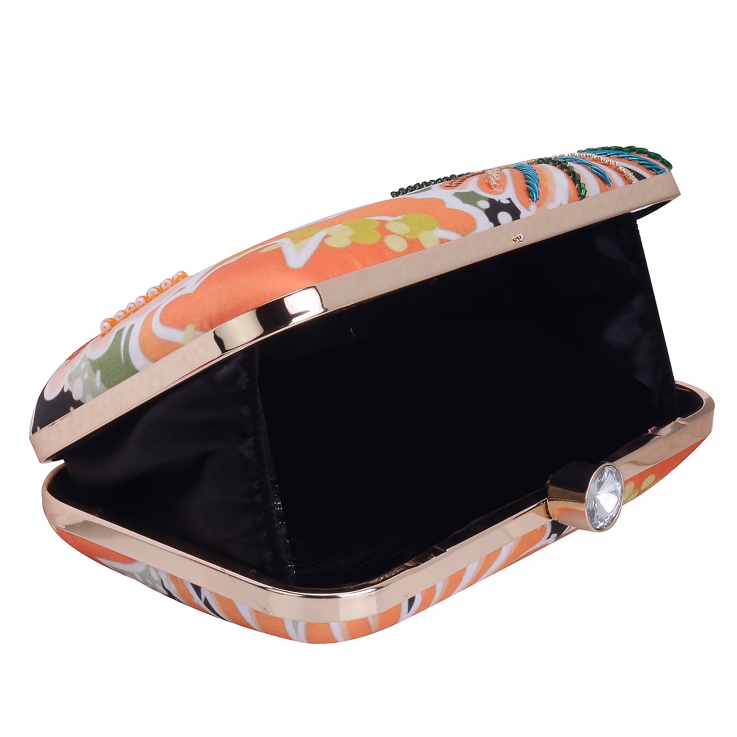 orange floral printed embridered clutch