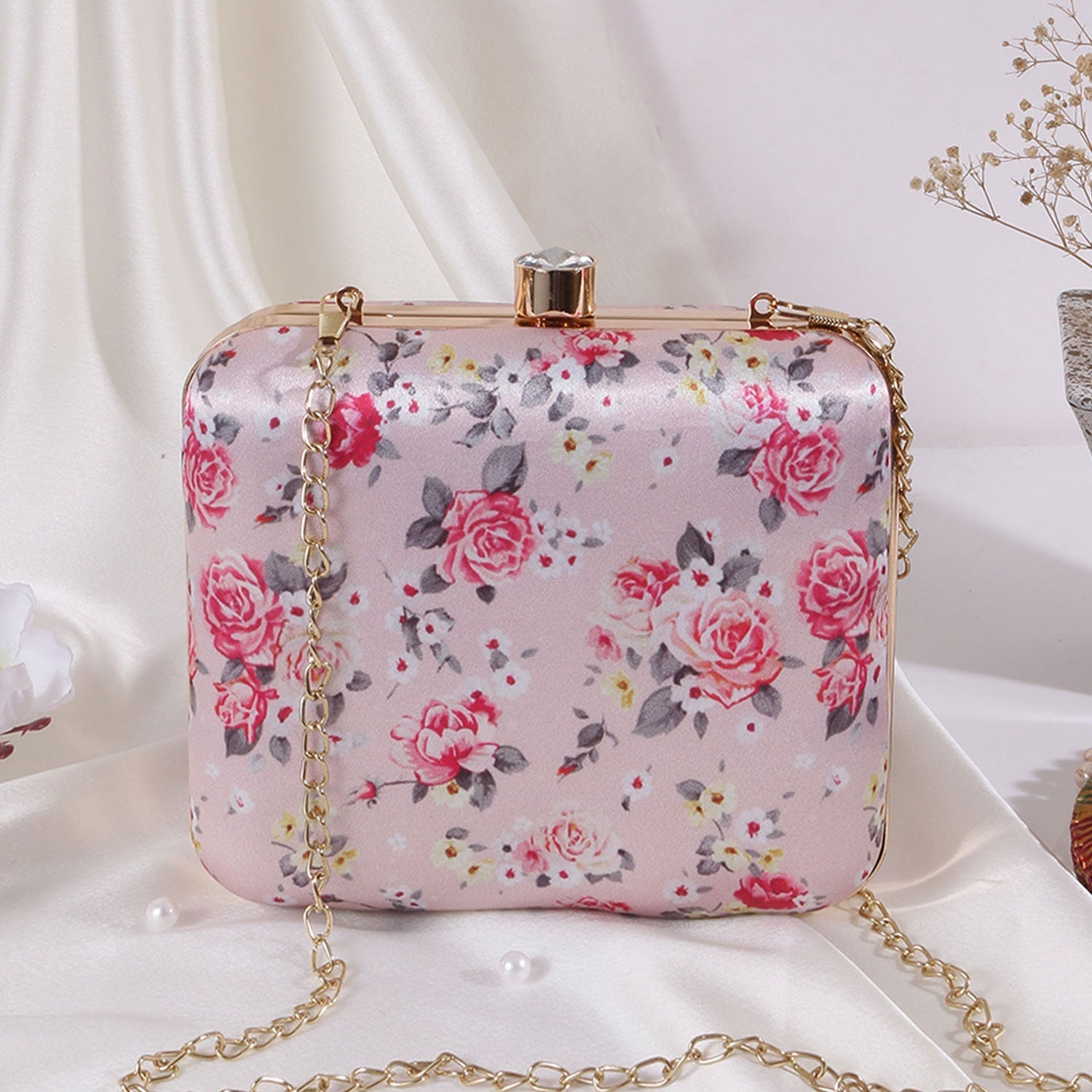 Blossom Satin Print Square Box Clutch for Women & Girls