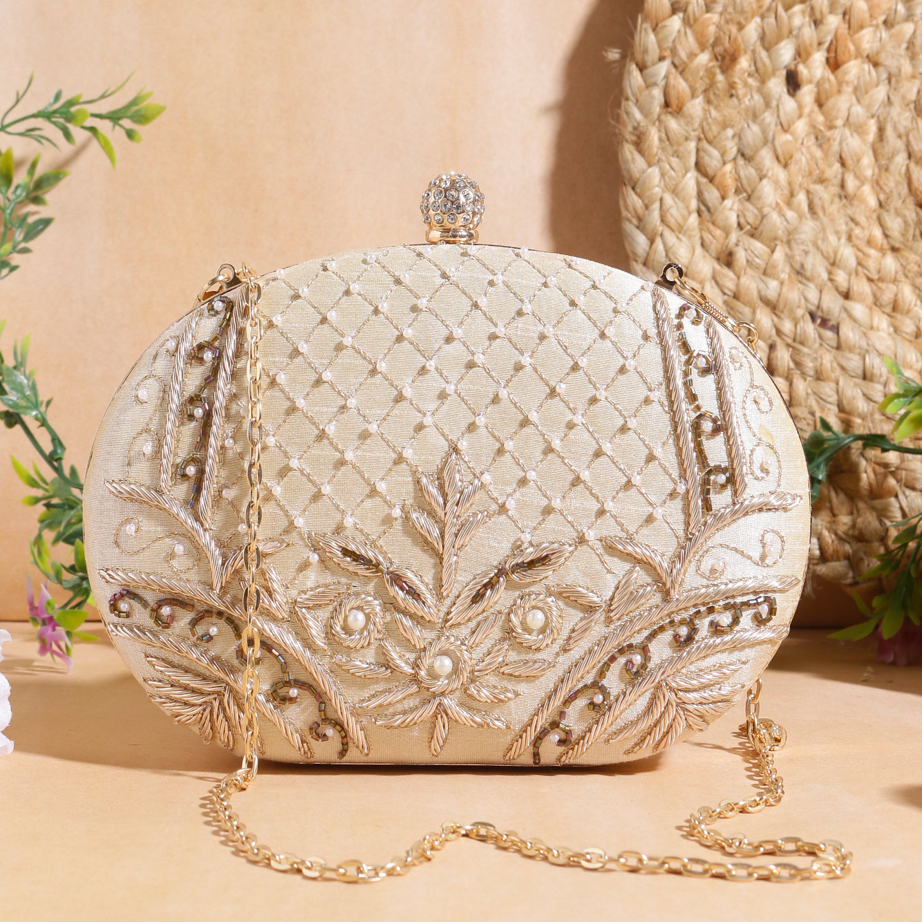 Designer embroidered beige clutch