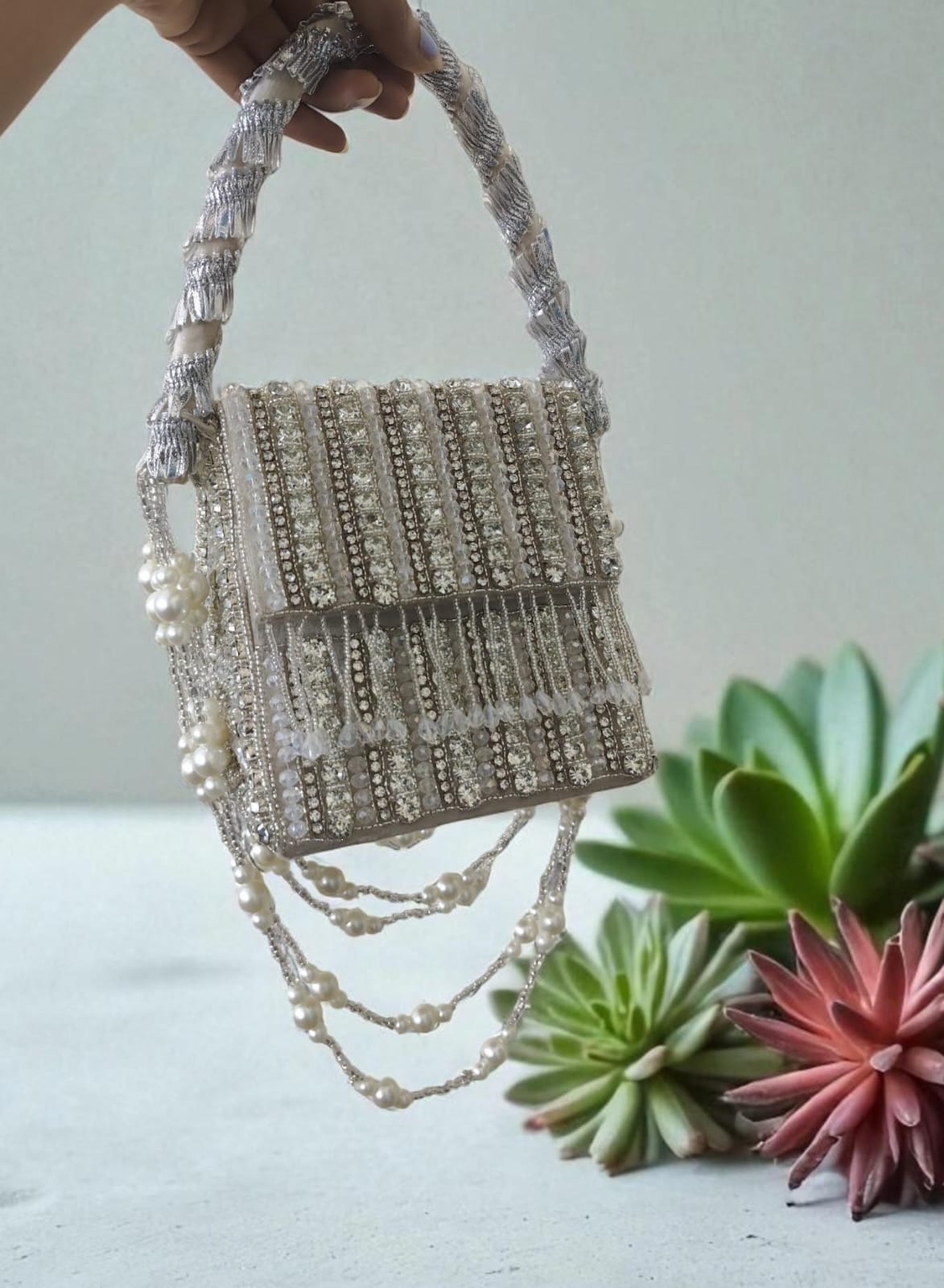 Beige Embroidered Flap Bag