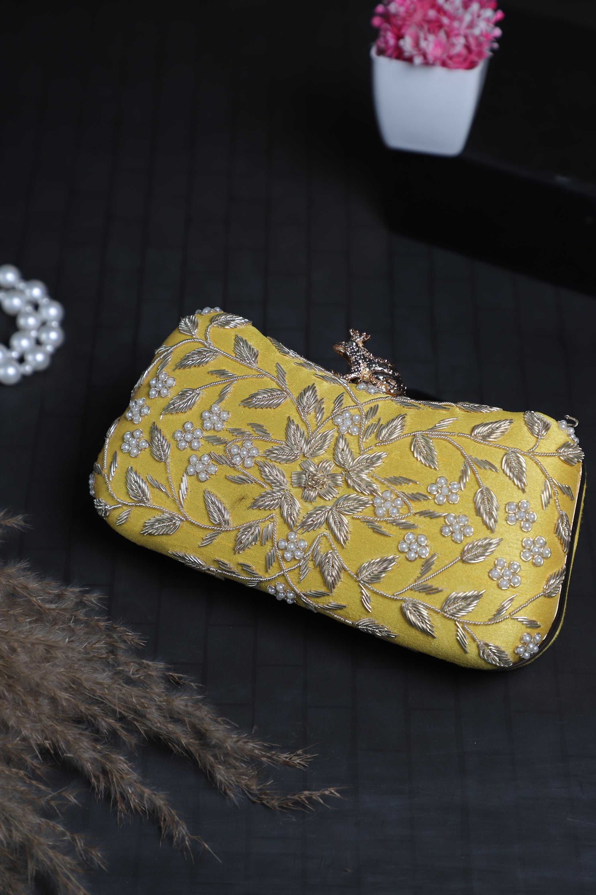 Designer Zardosi Shiny Yellow Clutch for Women & Girls