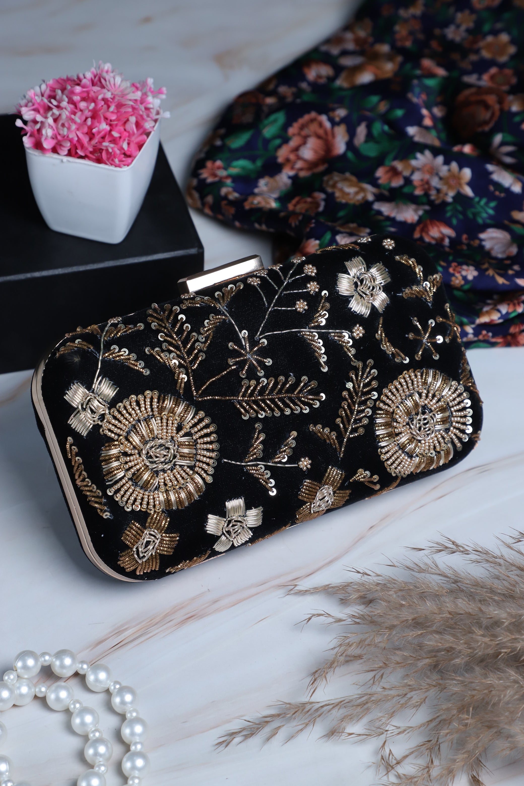 Flower golden zardosi embroidery black clutch