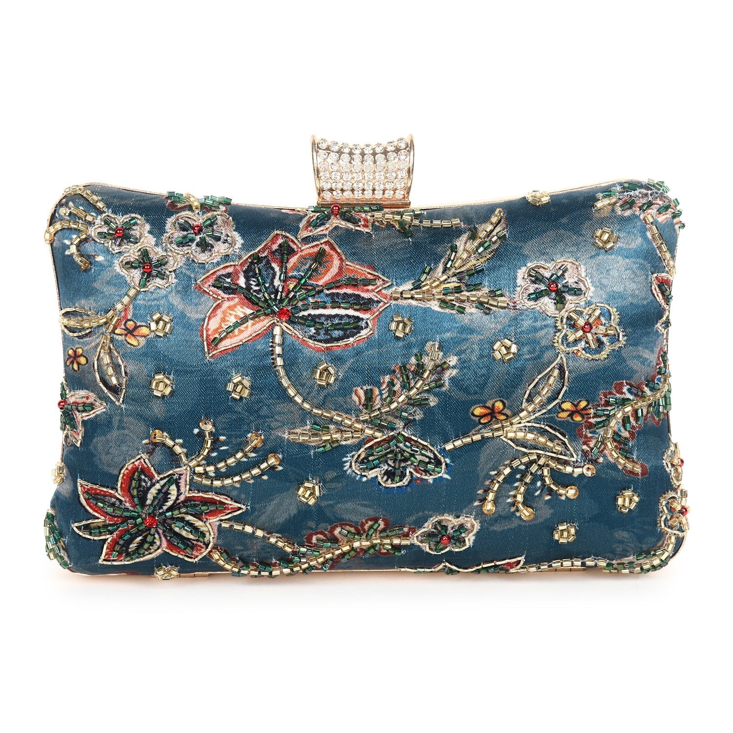 Printed embroidered clutch bag