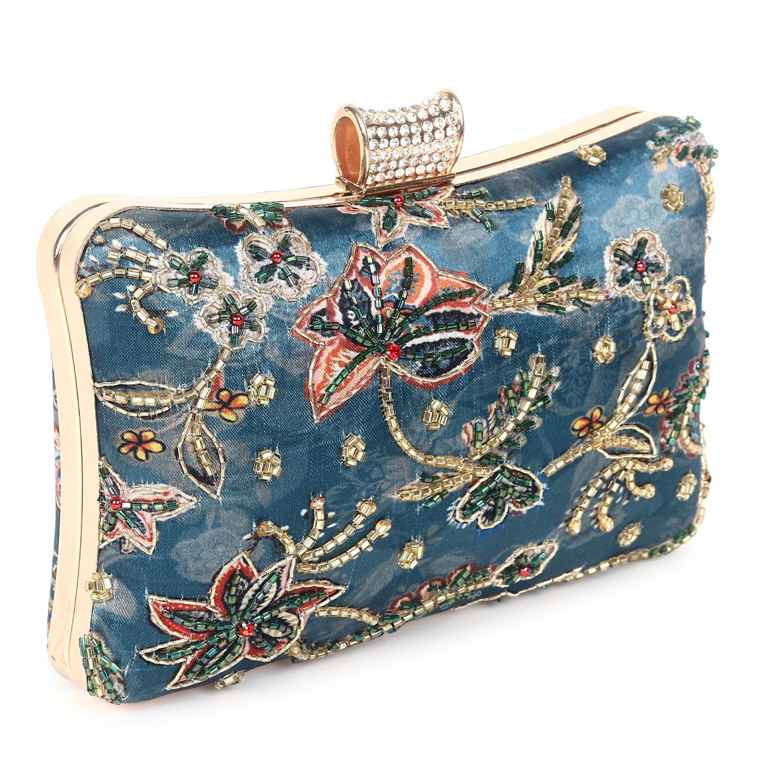 Printed embroidered clutch bag