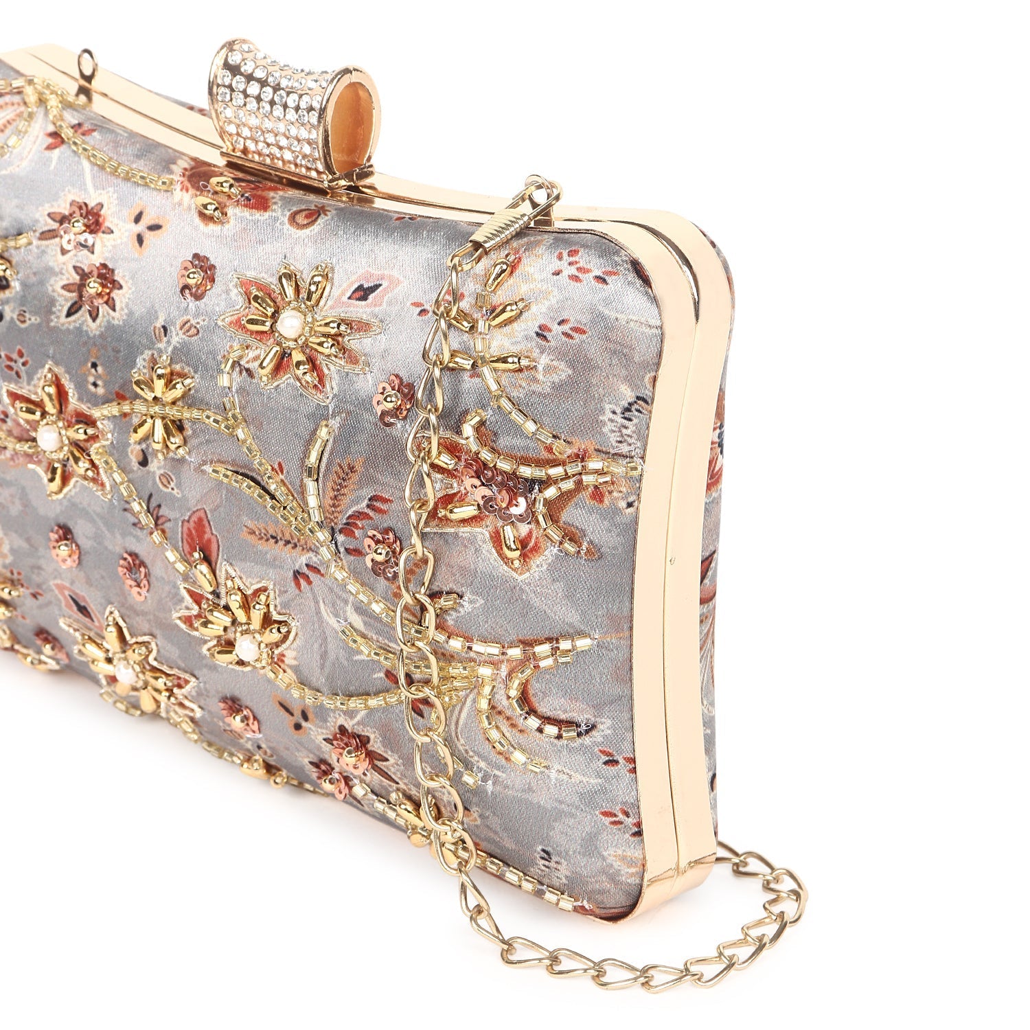 Printed embroidered clutch bag