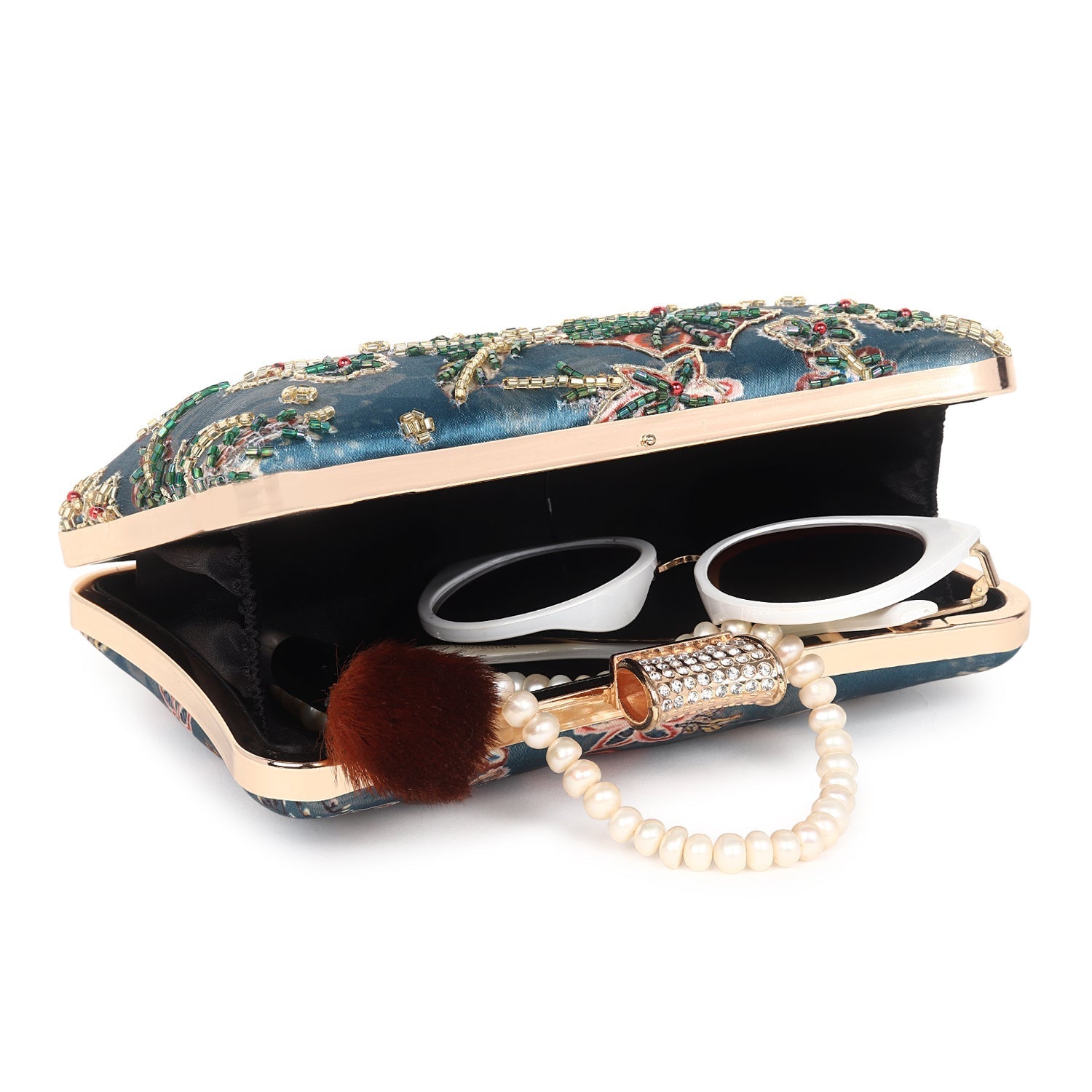 Printed embroidered clutch bag