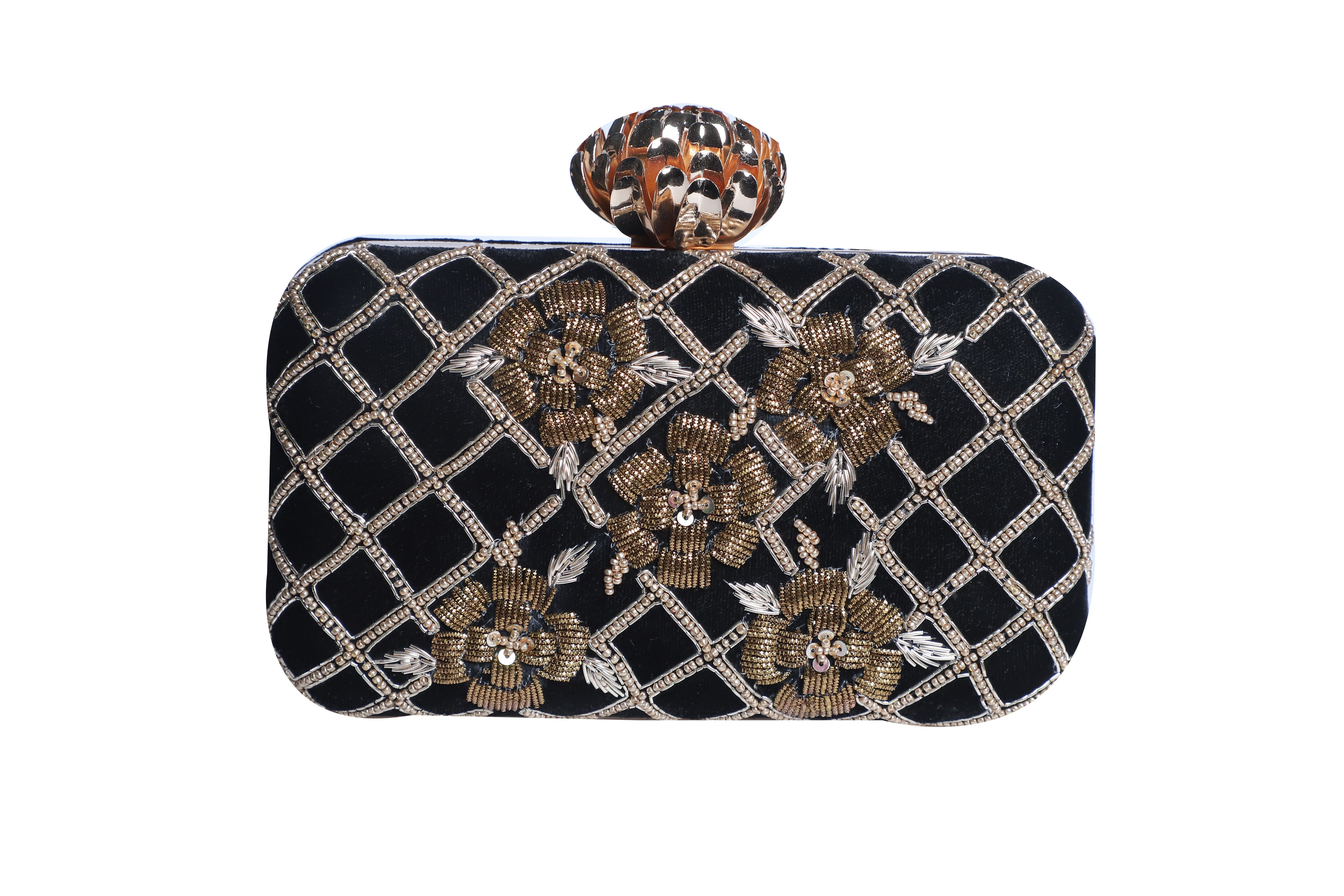Black embroidered lotus knob clutch bag