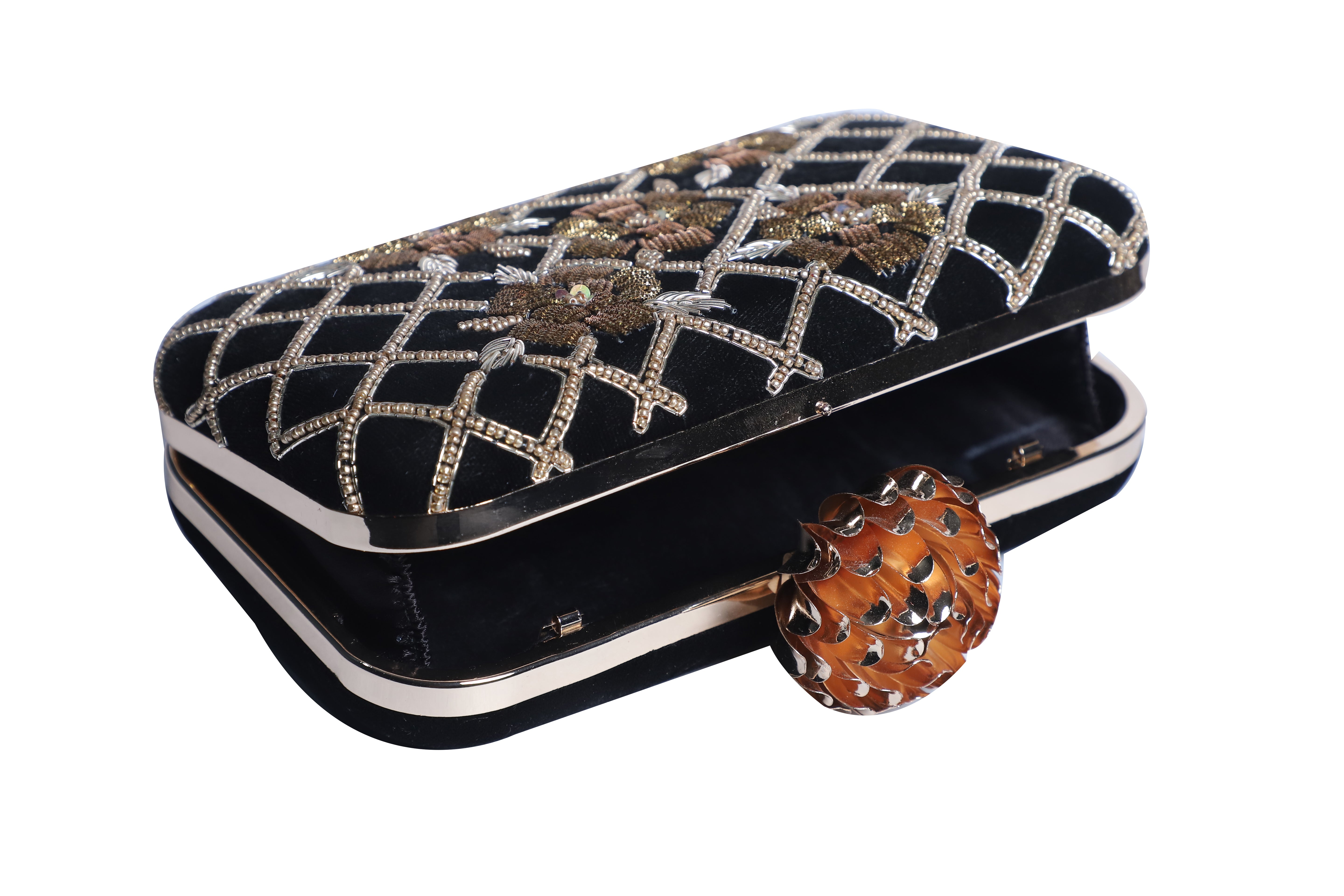 Black embroidered lotus knob clutch bag