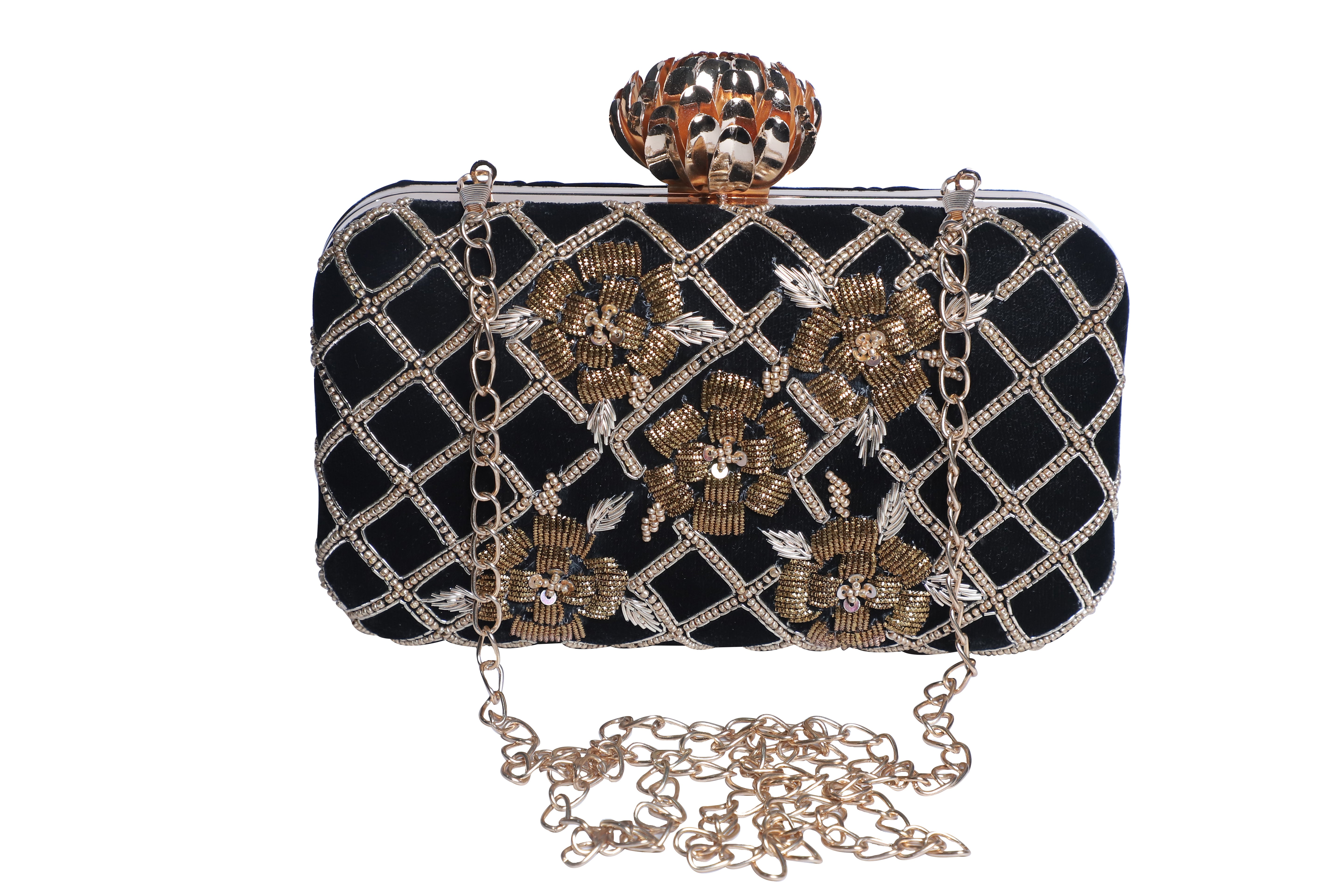 Black embroidered lotus knob clutch bag