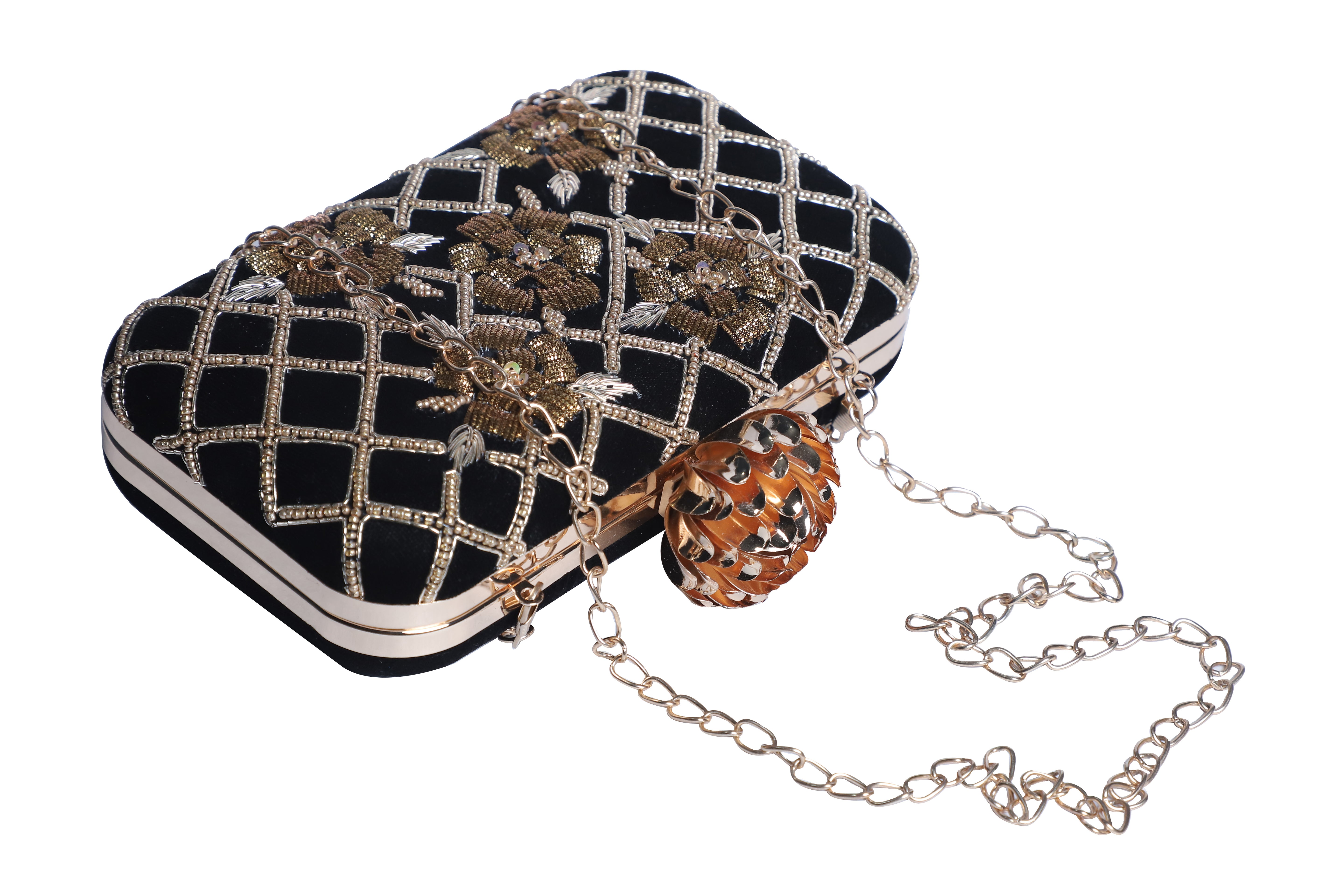 Black embroidered lotus knob clutch bag
