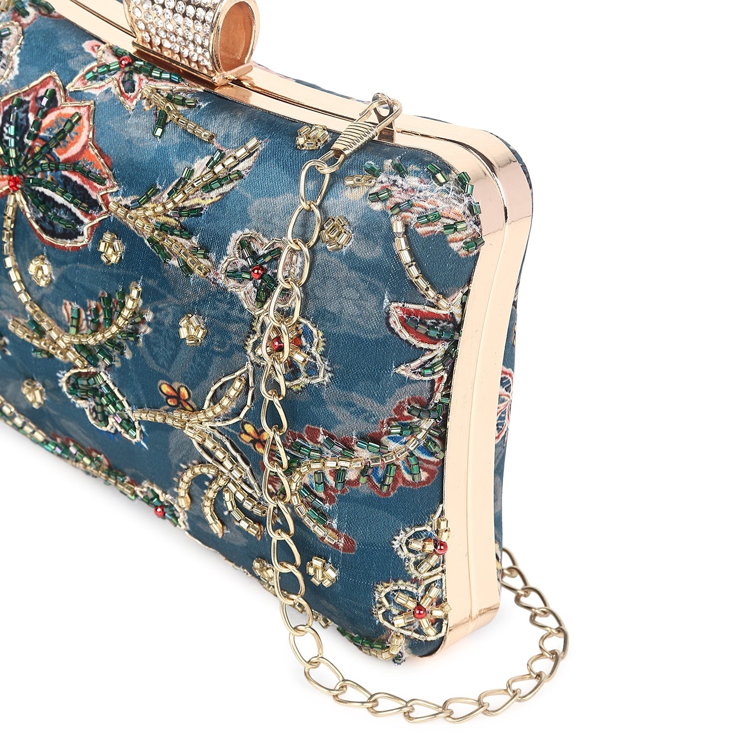 Printed embroidered clutch bag