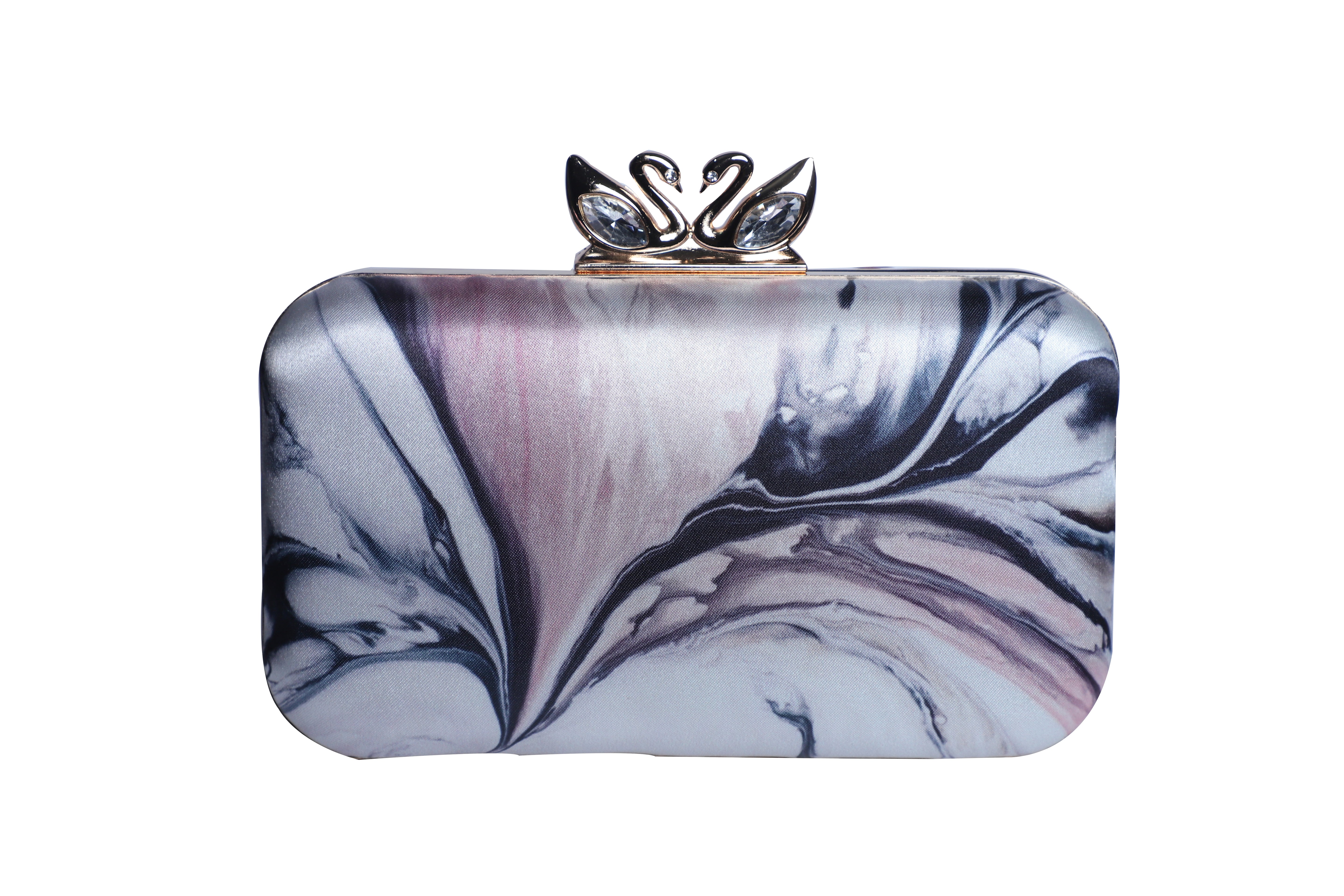Abstract printed swan lock rectanguler clutch