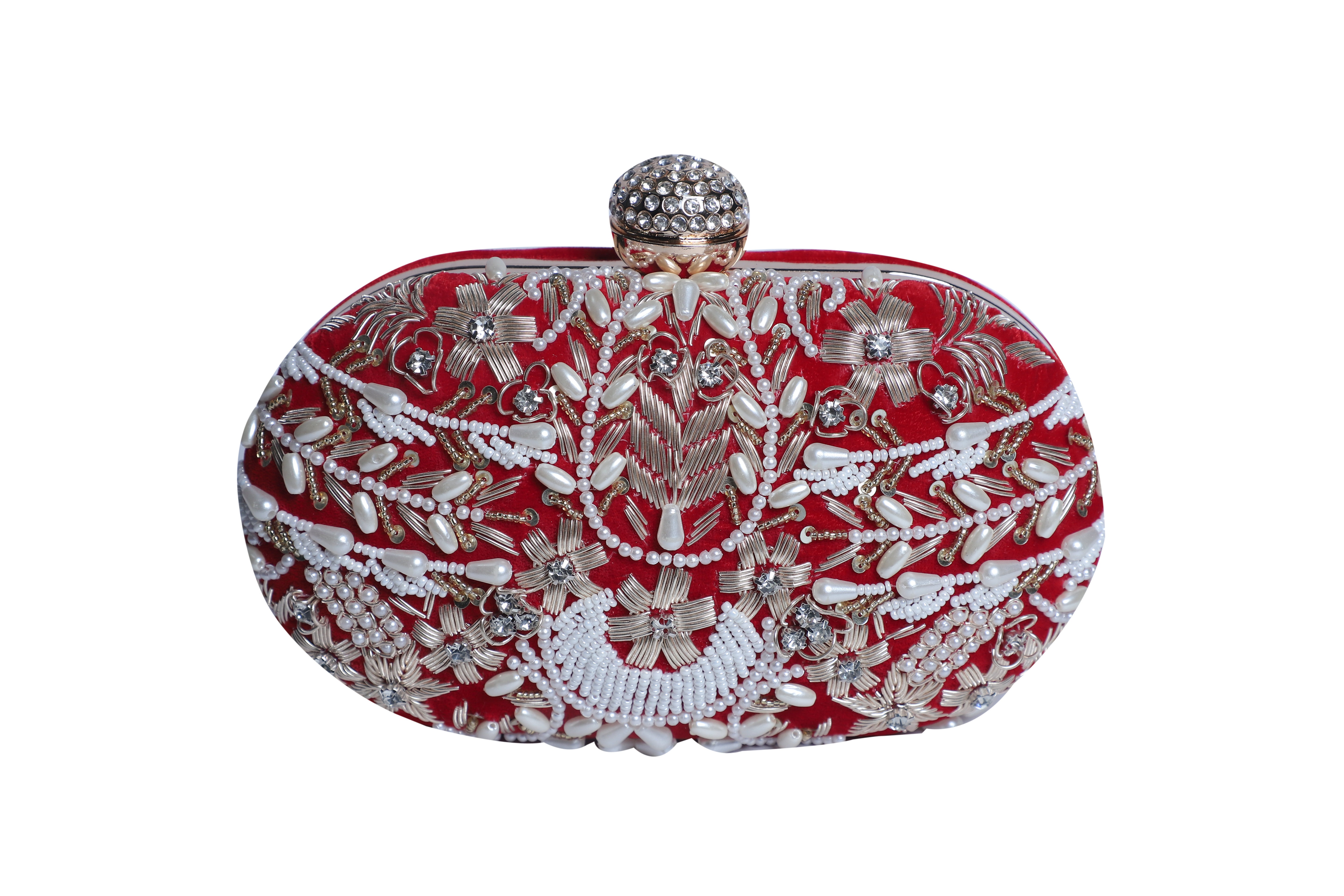 Red embroidery oval clutch