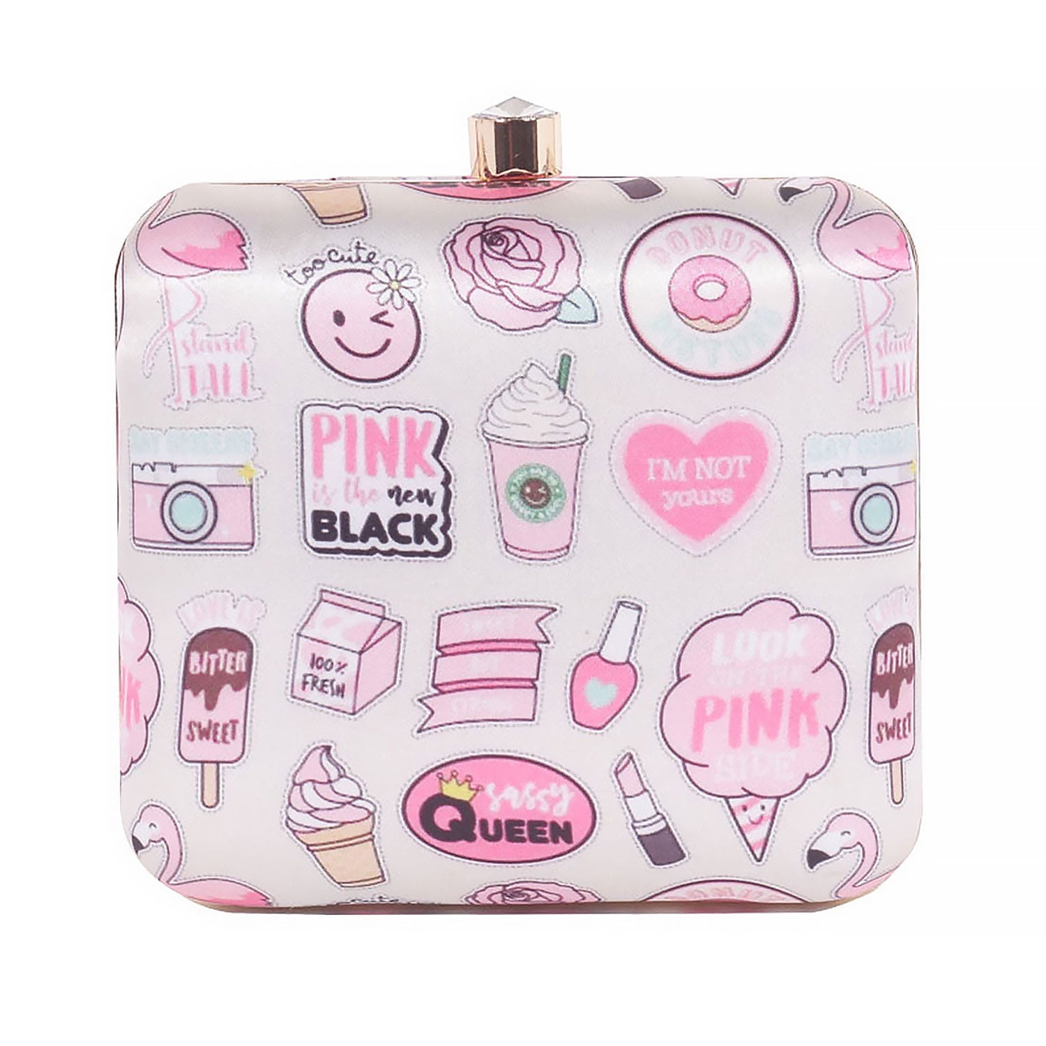 3D Cosmetics Satin Print Square Box Clutch for Women & Girls