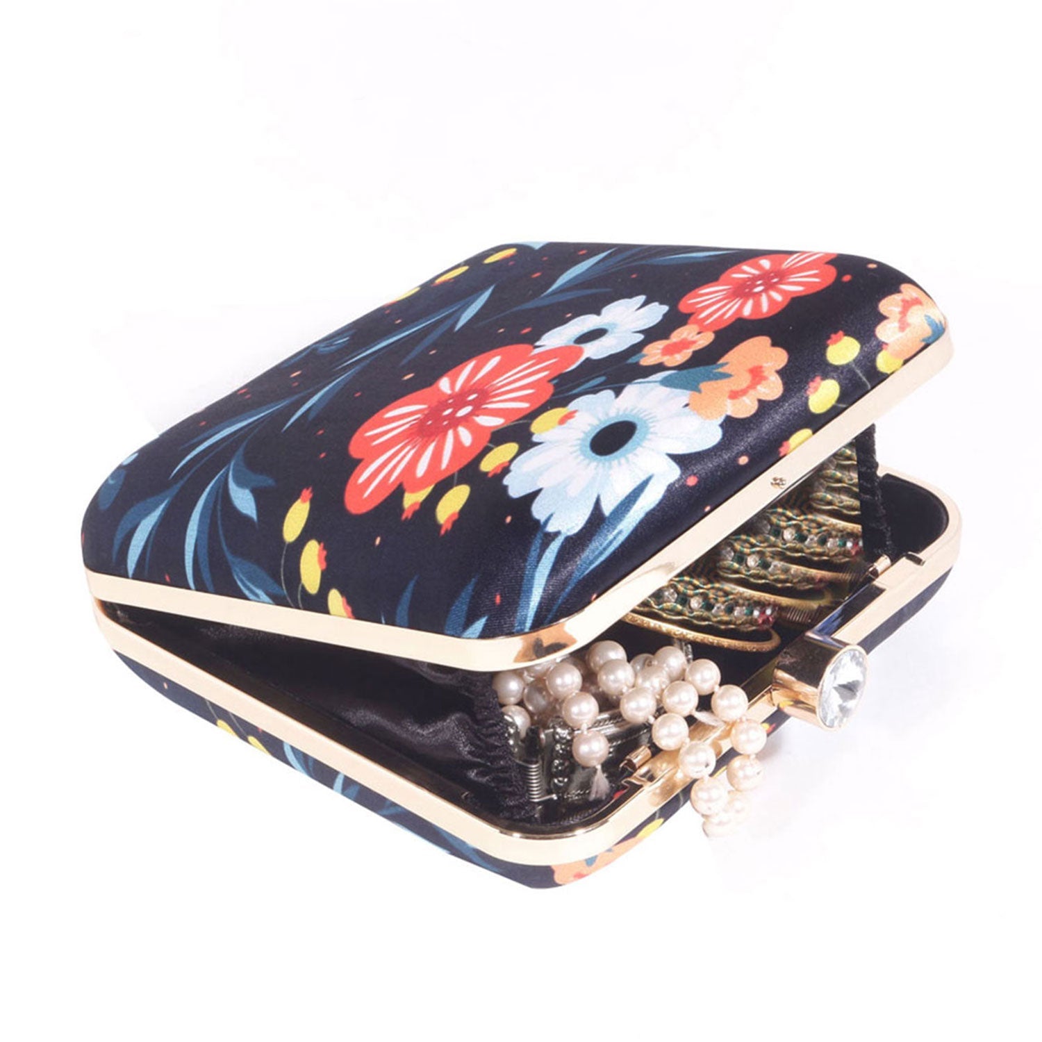 Daisy Satin Flowery Digital Print Square Box Clutch for Women & Girls
